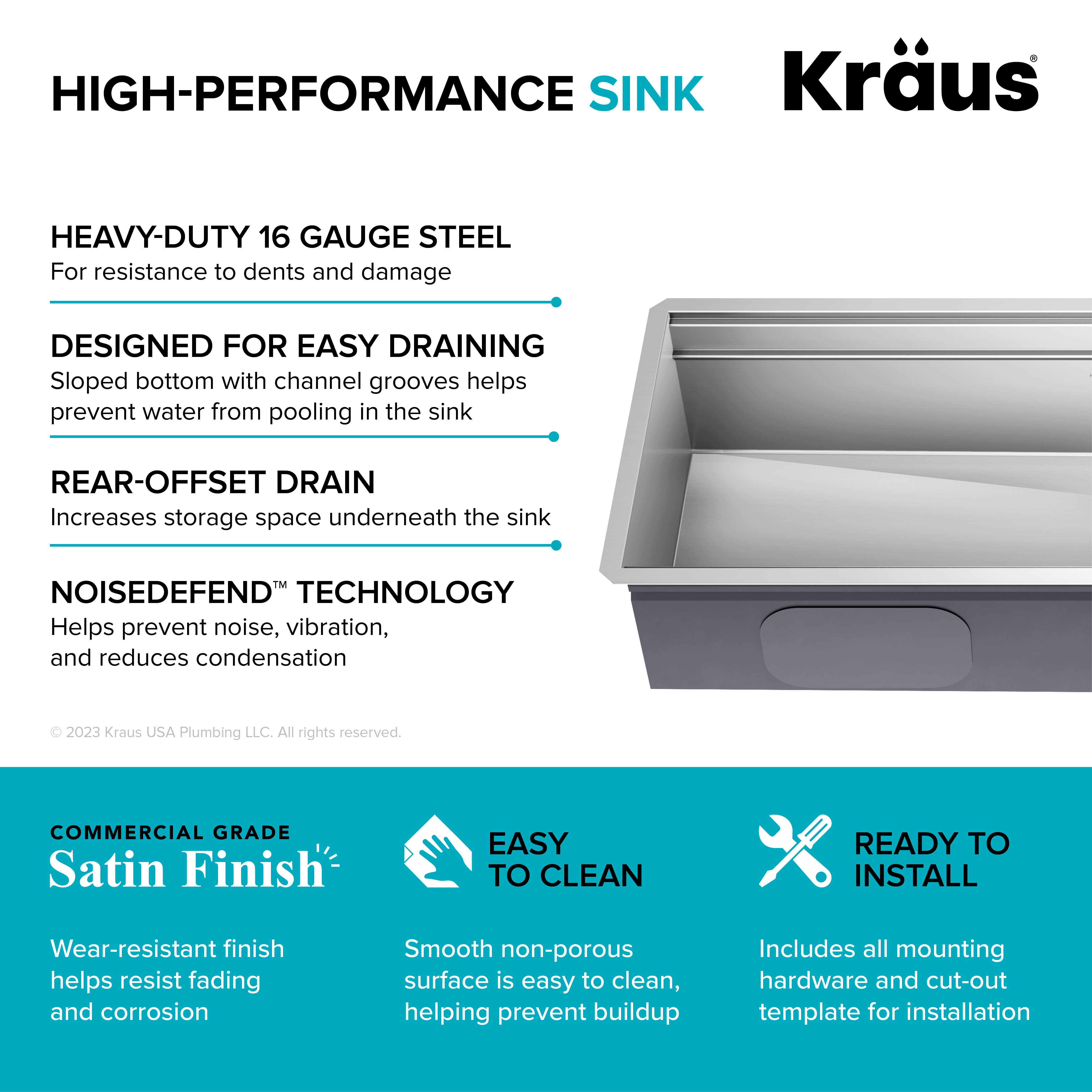 KRAUS Kore 2-Tier Workstation 45" Undermount 16 Gauge Single Bowl Stainless Steel Kitchen Sink with Accessories - KWU120-45