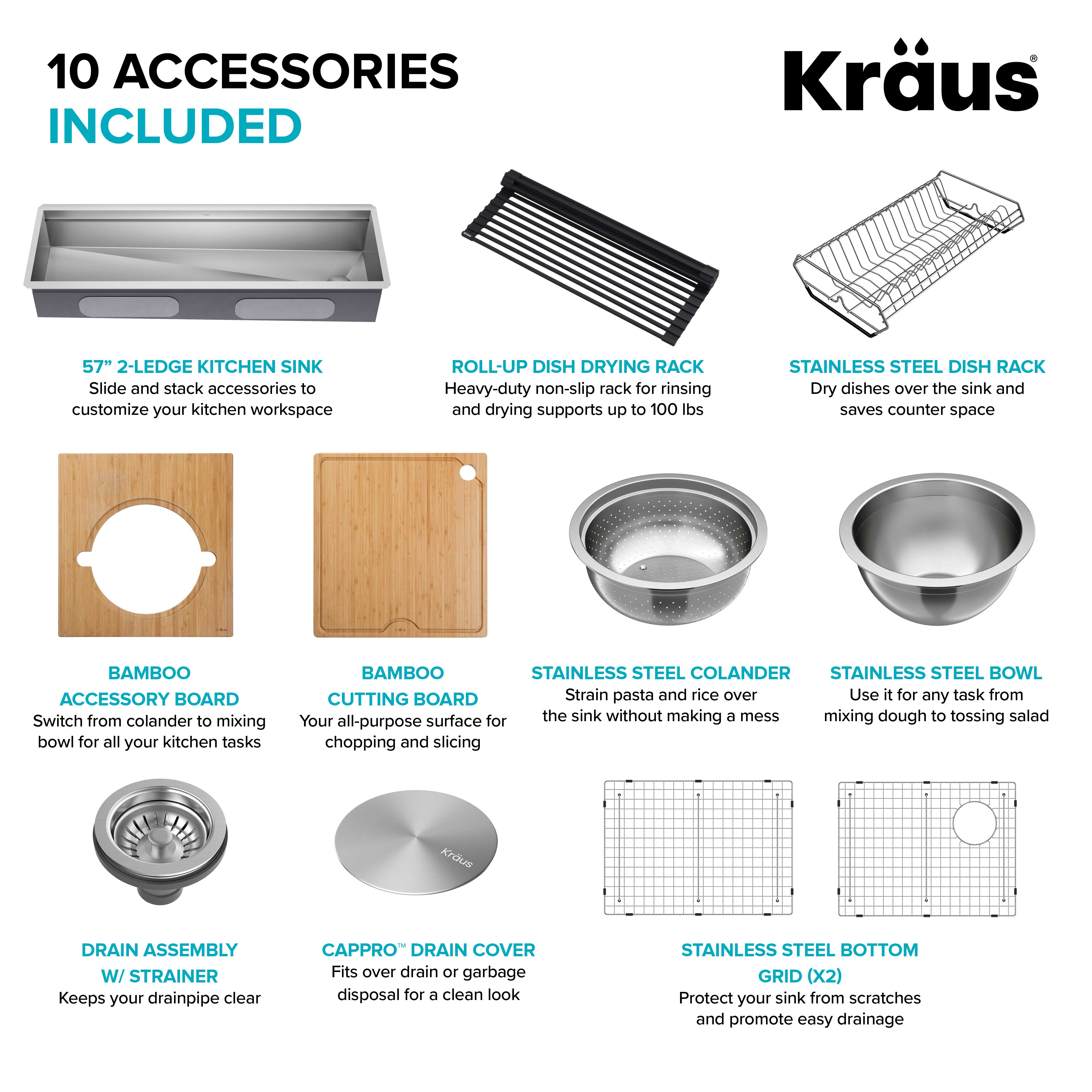 KRAUS Kore Dual Tier 57" Undermount Workstation 16 Gauge Single Bowl Kitchen Sink -  KWU210-57