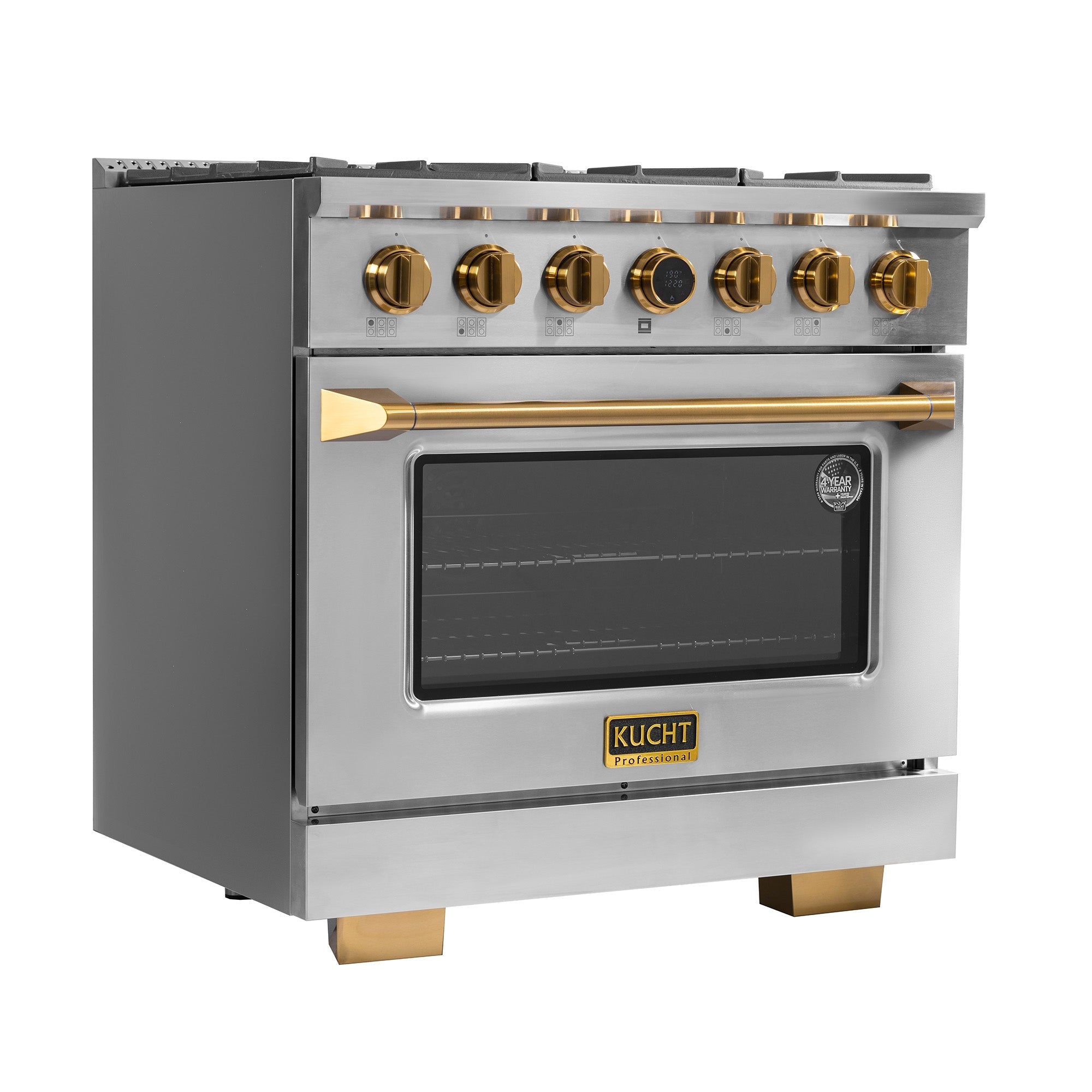 Kucht 36" 5.2 cu. ft. 6 Burner Natural Gas Dual Fuel Range in Stainless Steel with Gold Accents and Digital Thermostat - KXP36-GL