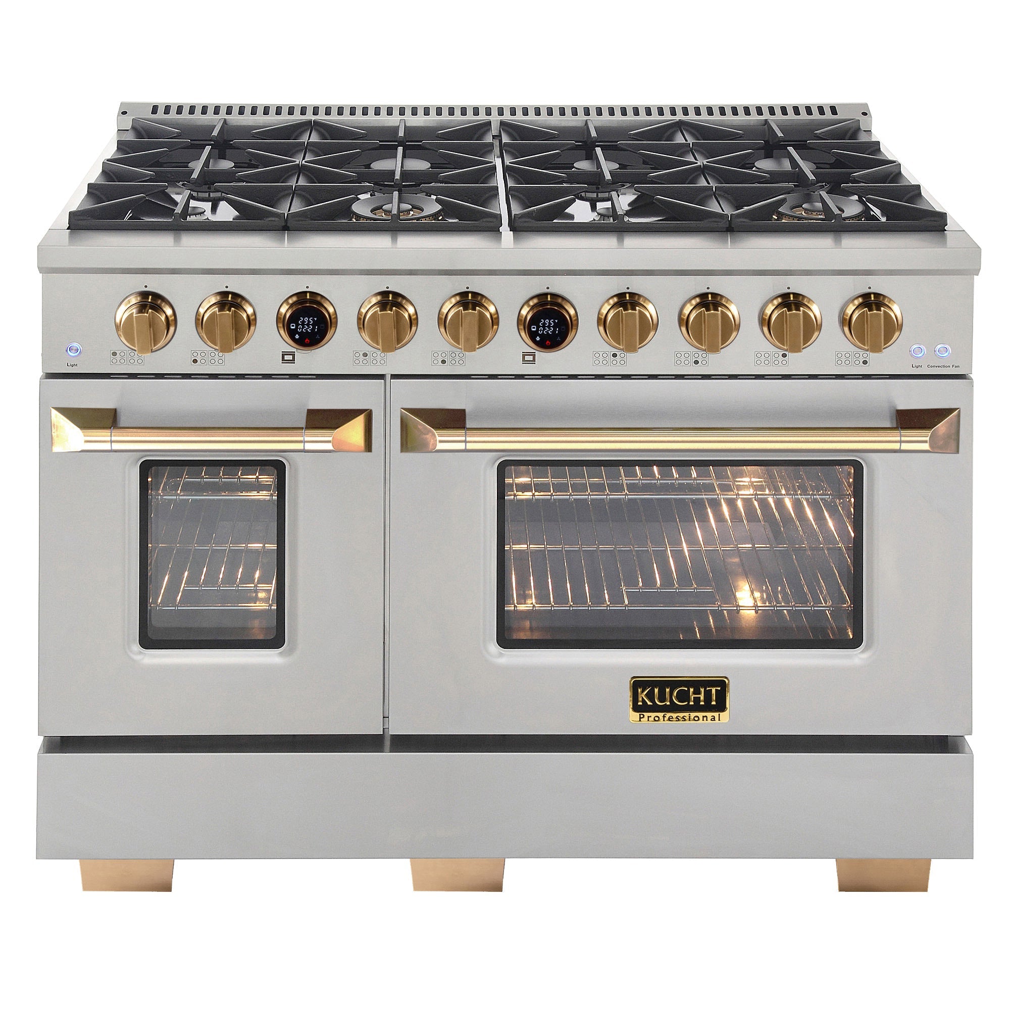 Kucht 48" 6.7 cu. ft. 8 Burner Natural Gas Dual Fuel Range in Stainless Steel with Gold Accents and Digital Thermostat - KXP48-GL