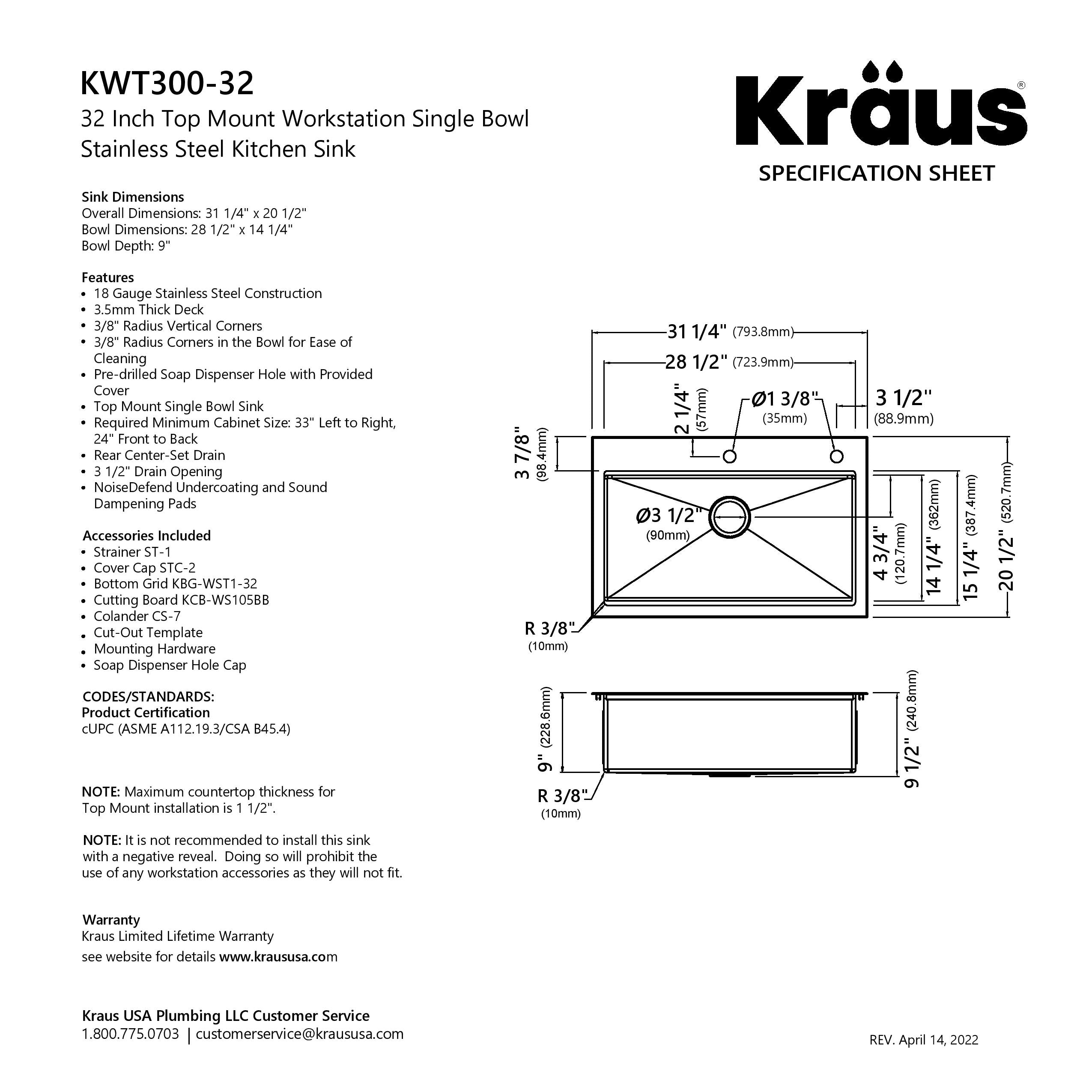Kraus 32" Drop in Workstation Kitchen Sink - KWT300-32