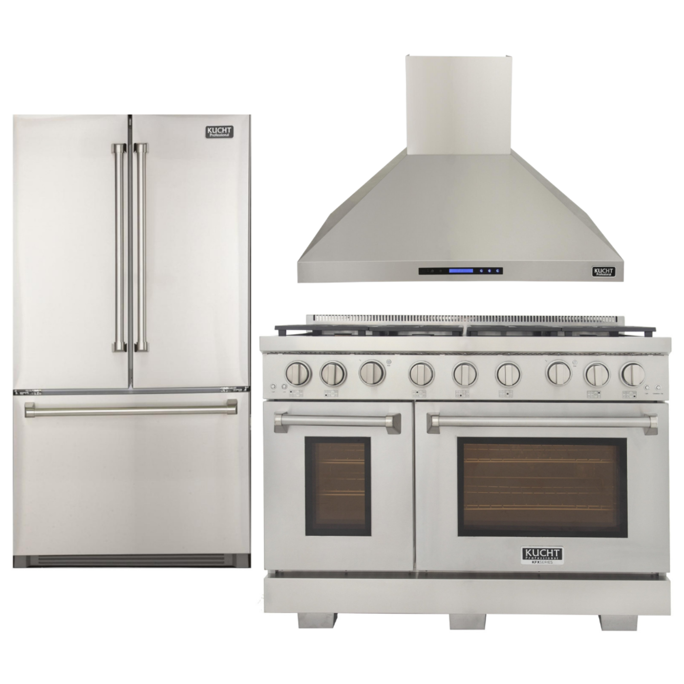 Kucht Appliance Package - 48 inch Natural Gas Range in Stainless Steel, Wall Range Hood, Refrigerator - AP-KFX480-4