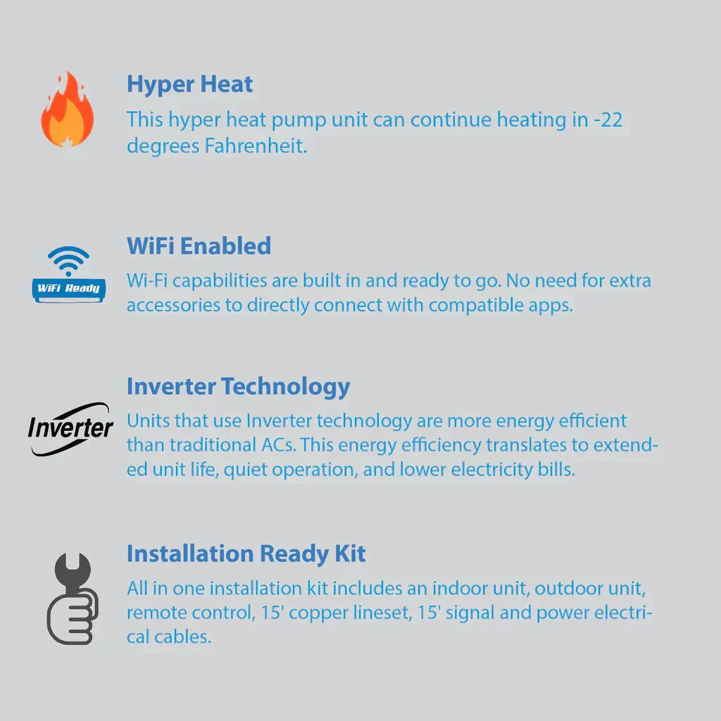 Air-Con Blue Hyper 24000 BTU 21 SEER Hyper Heat Mini Split Air Conditioner 15ft Lineset & Wiring