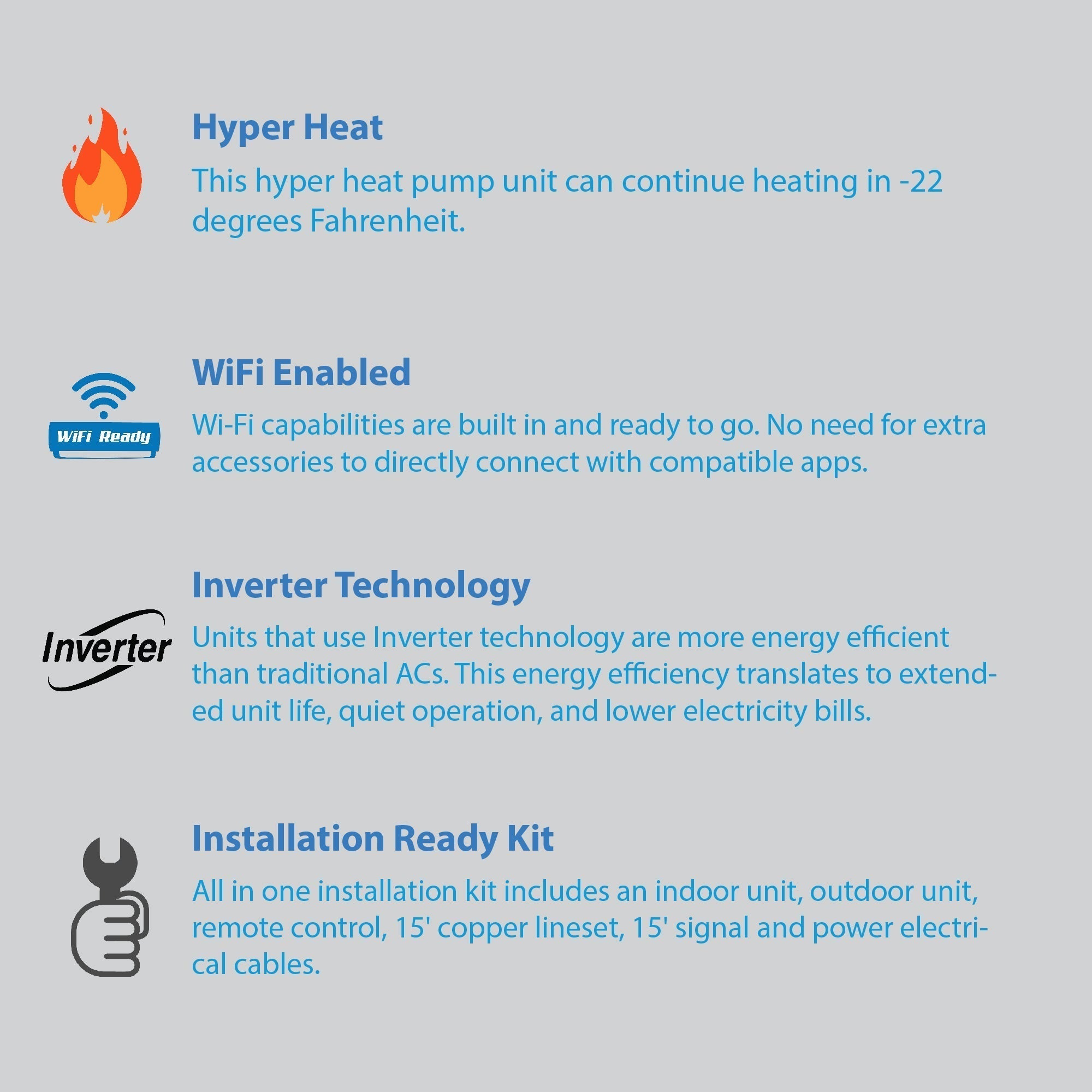 Air-Con Blue Hyper 12000 BTU 24 SEER Hyper Heat Mini Split Air Conditioner 15ft Lineset & Wiring - ABHCI/ABHEM4H4S12