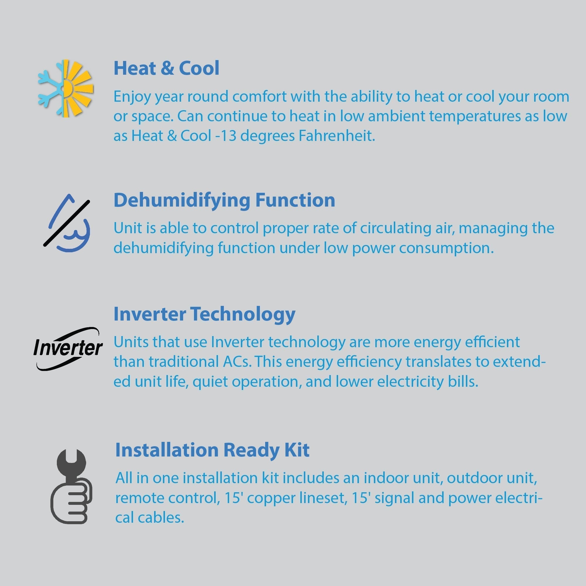 Air-Con Blue Series 4 12000 BTU 23 SEER Mini Split Air Conditioner 15ft Lineset & Wiring - ALPCI/EM4H1E12