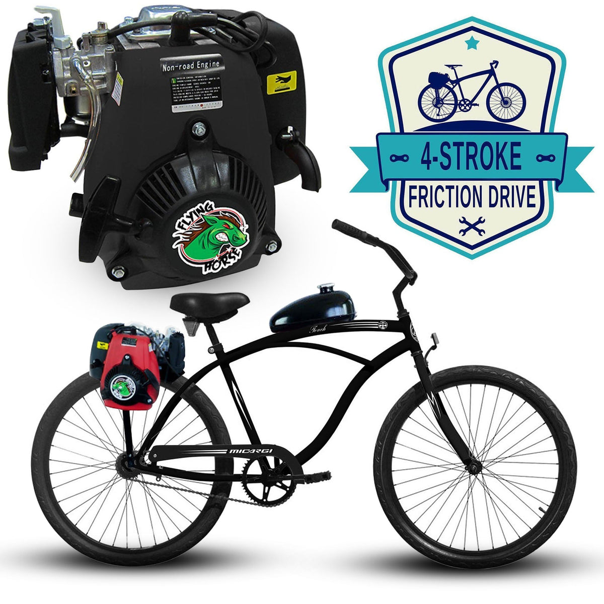 Tracer 26 Inch Men's Ace Beach Cruiser + 4 Stroke Friction Drive - FH-GASCAN2.5-BLK + FH-LNL-MOUNTING + FH-LOCKNLOAD-ENGINE + MB-TOUCH-M-BK