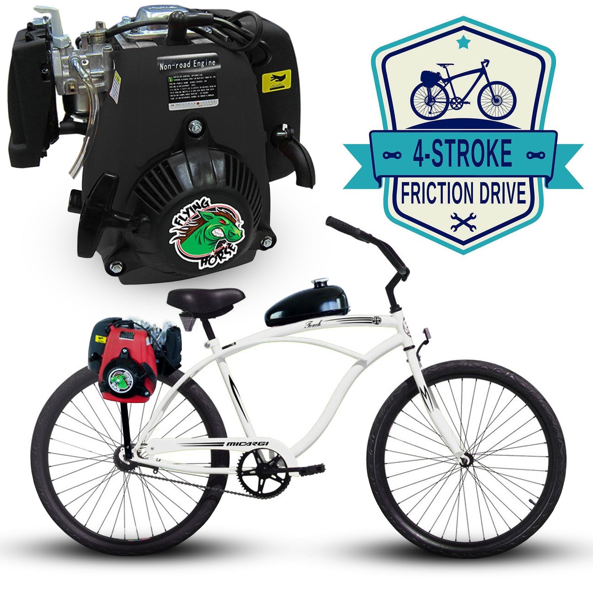 Tracer 26 Inch Men's Ace Beach Cruiser + 4 Stroke Friction Drive - FH-GASCAN2.5-BLK + FH-LNL-MOUNTING + FH-LOCKNLOAD-ENGINE + MB-TOUCH-M-BK