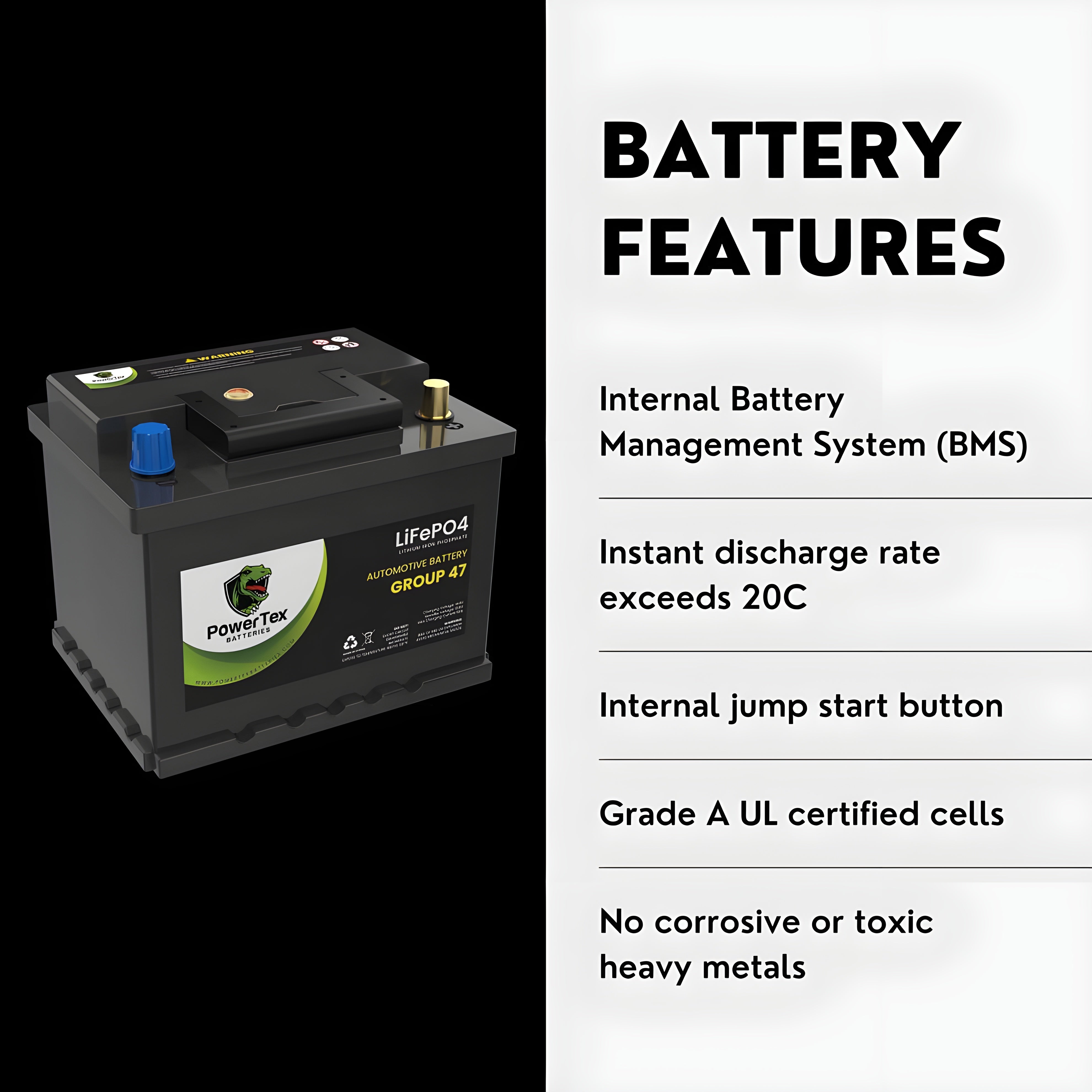 PowerTex 2021 Volkswagen Jetta L4 1.4LReplacement Car Battery BCI Group 47 Lithium LiFePO4 Automotive Powertex Battery - PTLG47-087
