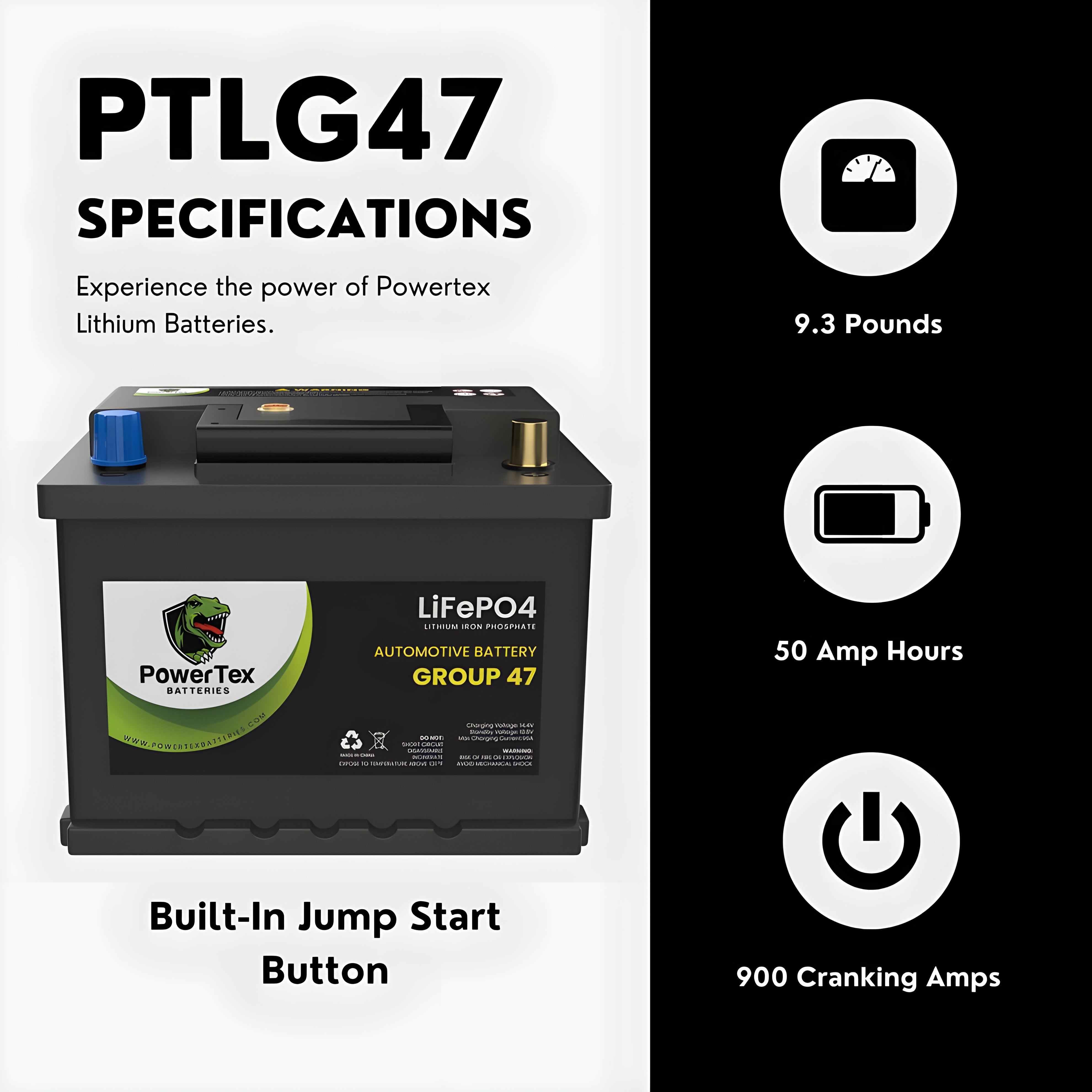 PowerTex 2022 Subaru Outback H4 2.5LReplacement Car Battery BCI Group 47 Lithium LiFePO4 Automotive Powertex Battery - PTLG47-049