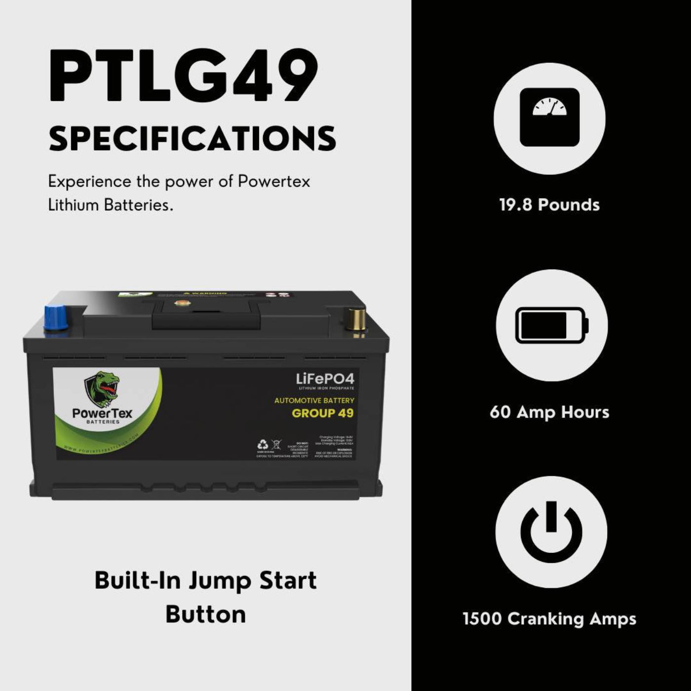 PowerTex 2018 BMW 530i Car Battery BCI Group 49 / H8 Replacement Lithium LiFePO4 Automotive Battery