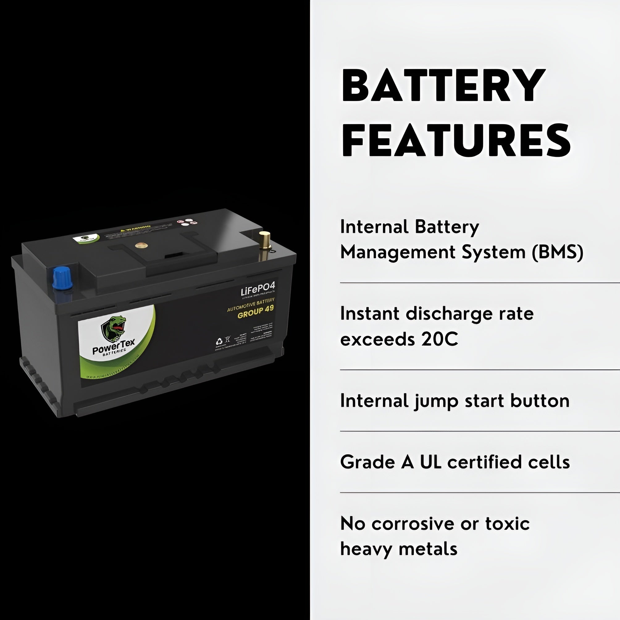 PowerTex 2023 Ram Promaster 1500 V6 3.6LReplacement Car Battery BCI Group 49 Lithium LiFePO4 Automotive Powertex Battery - PTLG49