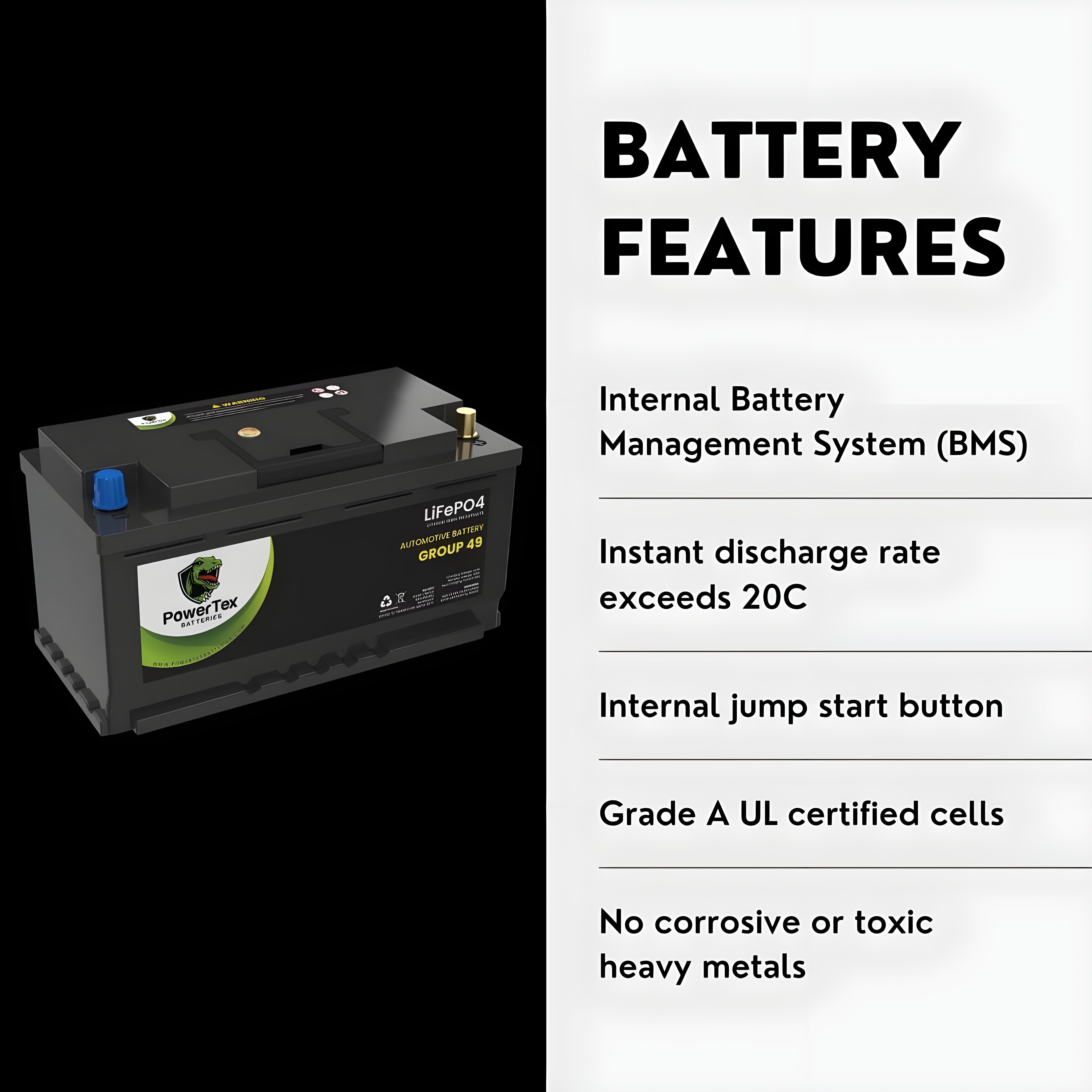 PowerTex 2009 Ferrari California V8 4.3LReplacement Car Battery BCI Group 49 Lithium LiFePO4 Automotive Powertex Battery - PTLG49-018