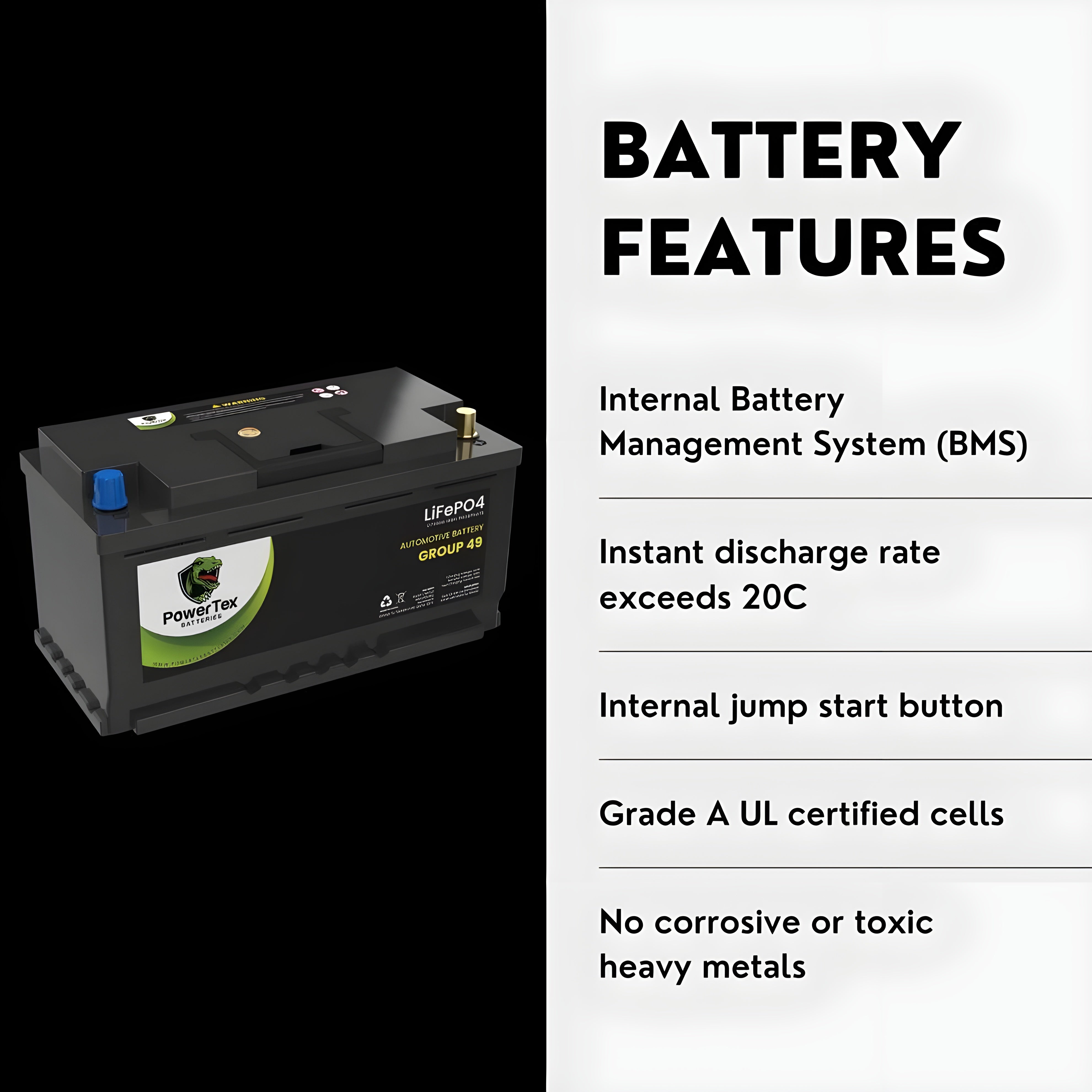 PowerTex 2022 Land Rover Discovery L4 2.0LReplacement Car Battery BCI Group 49 Lithium LiFePO4 Automotive Powertex Battery