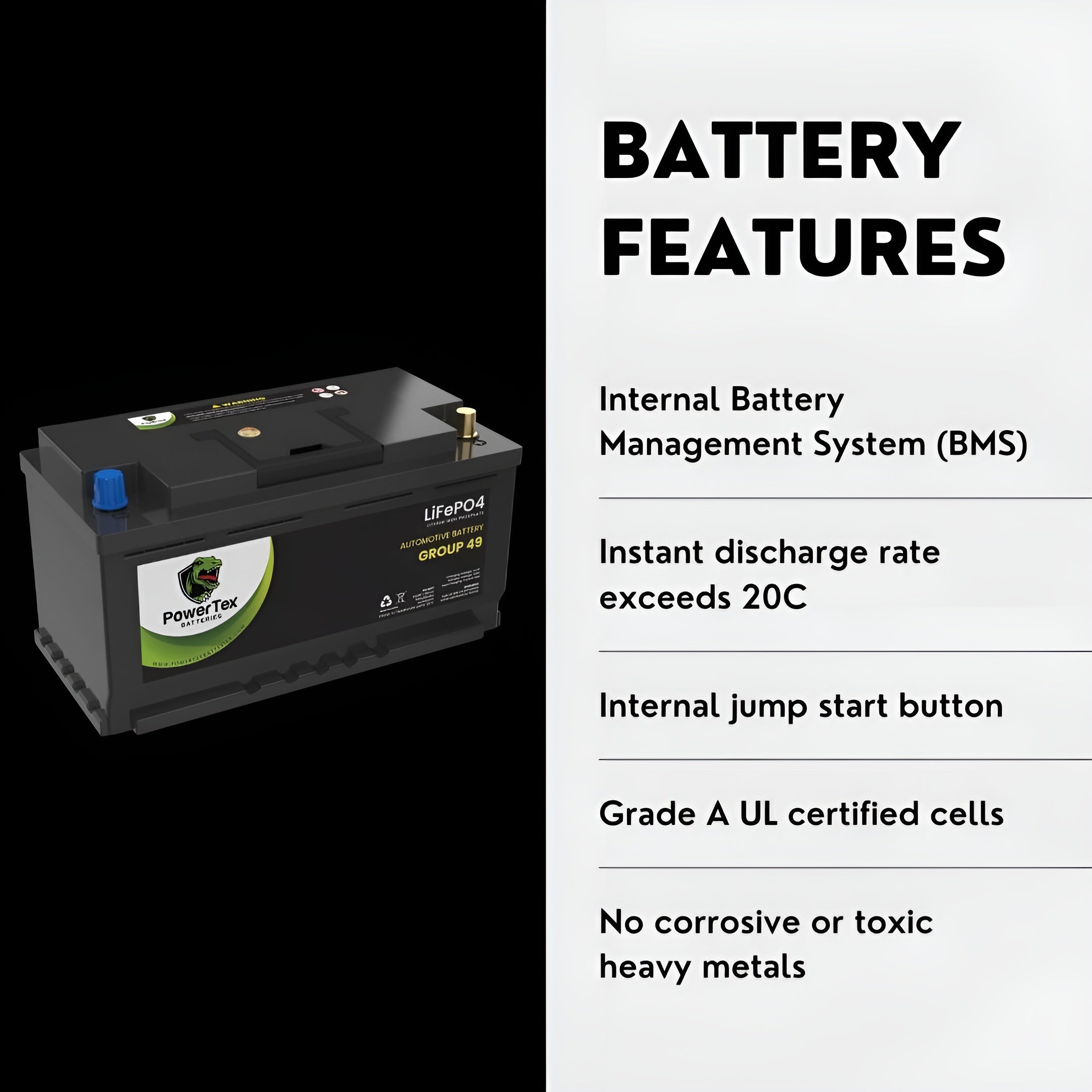 PowerTex 2009 BMW 335i Car Battery BCI Group 49 / H8 Replacement Lithium LiFePO4 Automotive Battery - PTLG49