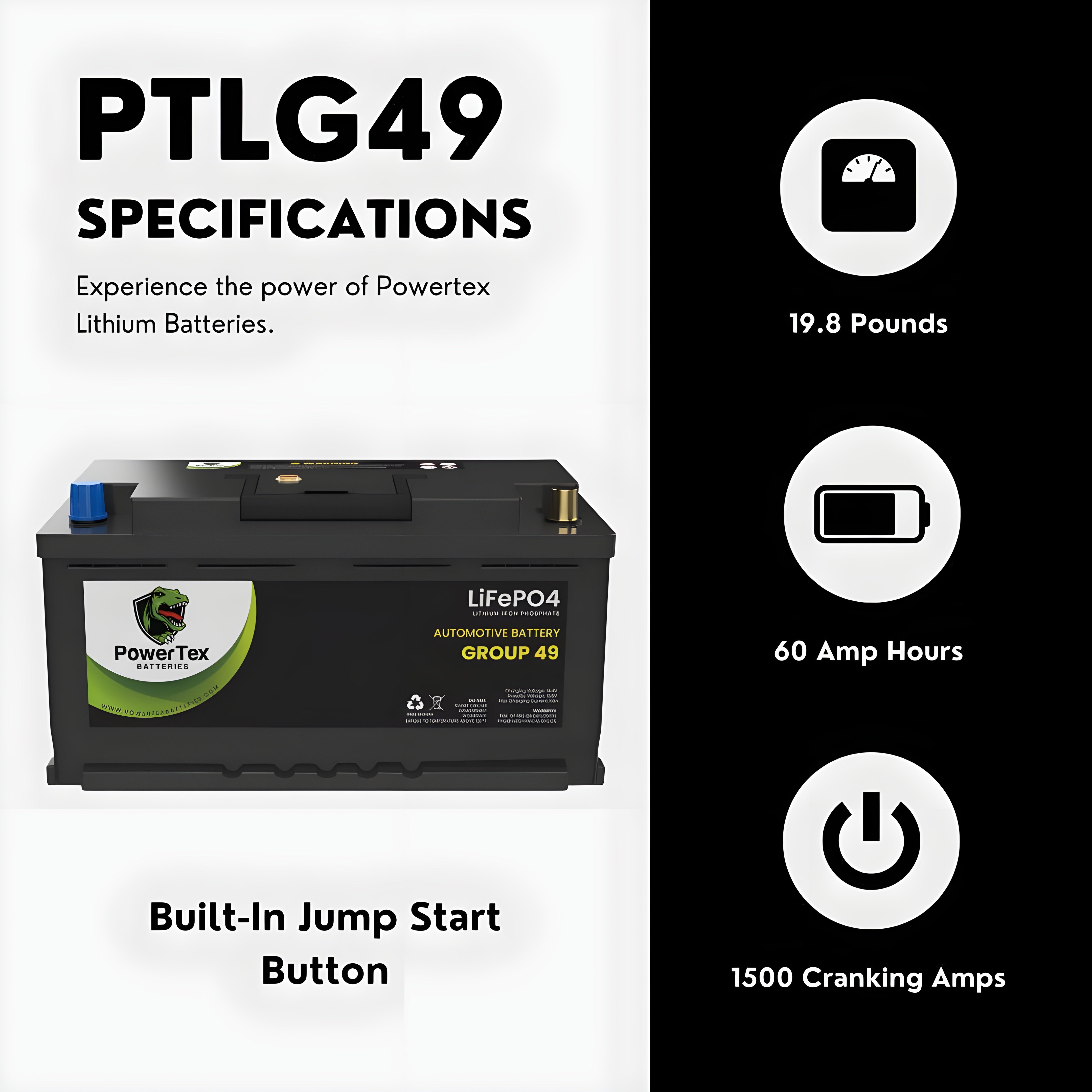 PowerTex2022 Ram 1500 V6 3.0LReplacement Car Battery BCI Group 49 Lithium LiFePO4 Automotive Powertex Battery - PTLG49-010