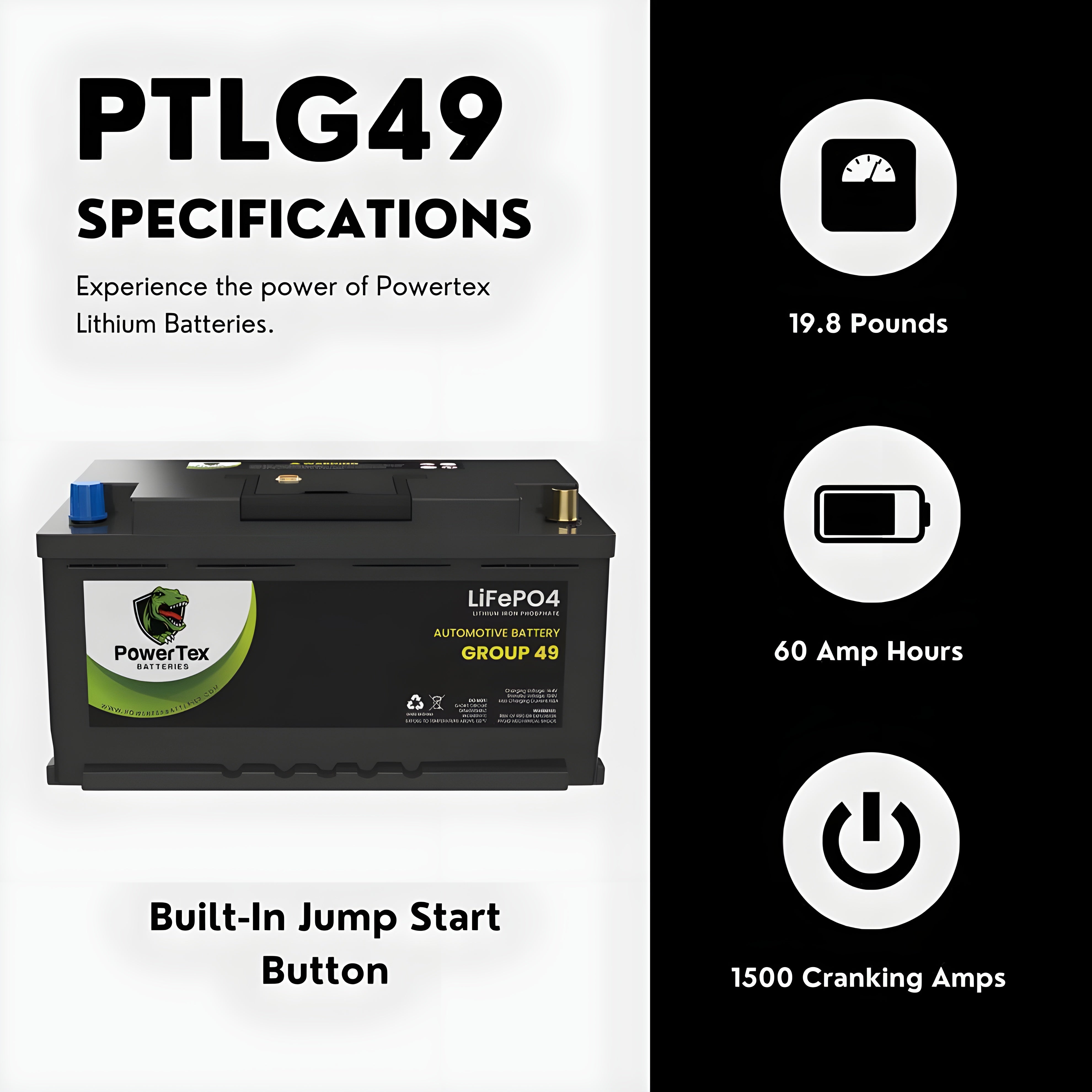 PowerTex 2023 Kia Stinger V6 3.3LReplacement Car Battery BCI Group 49 Lithium LiFePO4 Automotive Powertex Battery