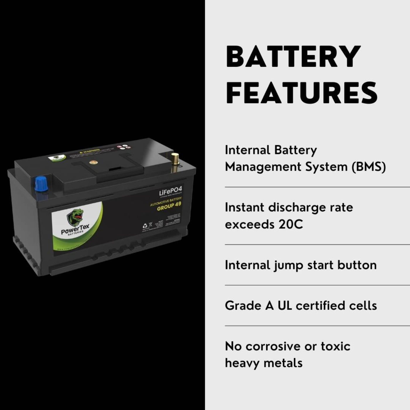 PowerTex 2018 BMW 530i Car Battery BCI Group 49 / H8 Replacement Lithium LiFePO4 Automotive Battery