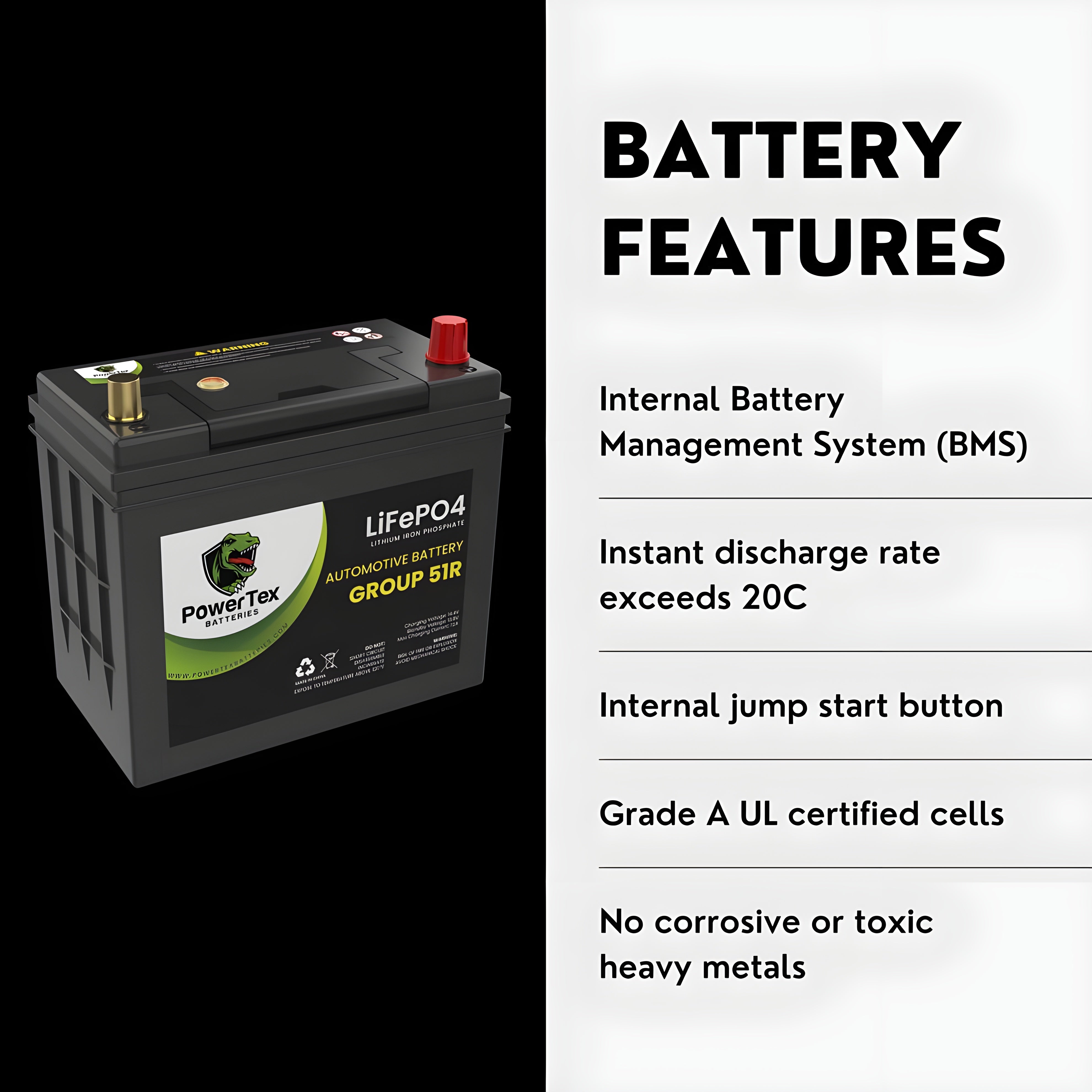 PowerTex 2020 Tesla Model Y Replacement Car Battery BCI Group 51R Lithium LiFePO4 Automotive Powertex Battery - PTLG51R-0-5