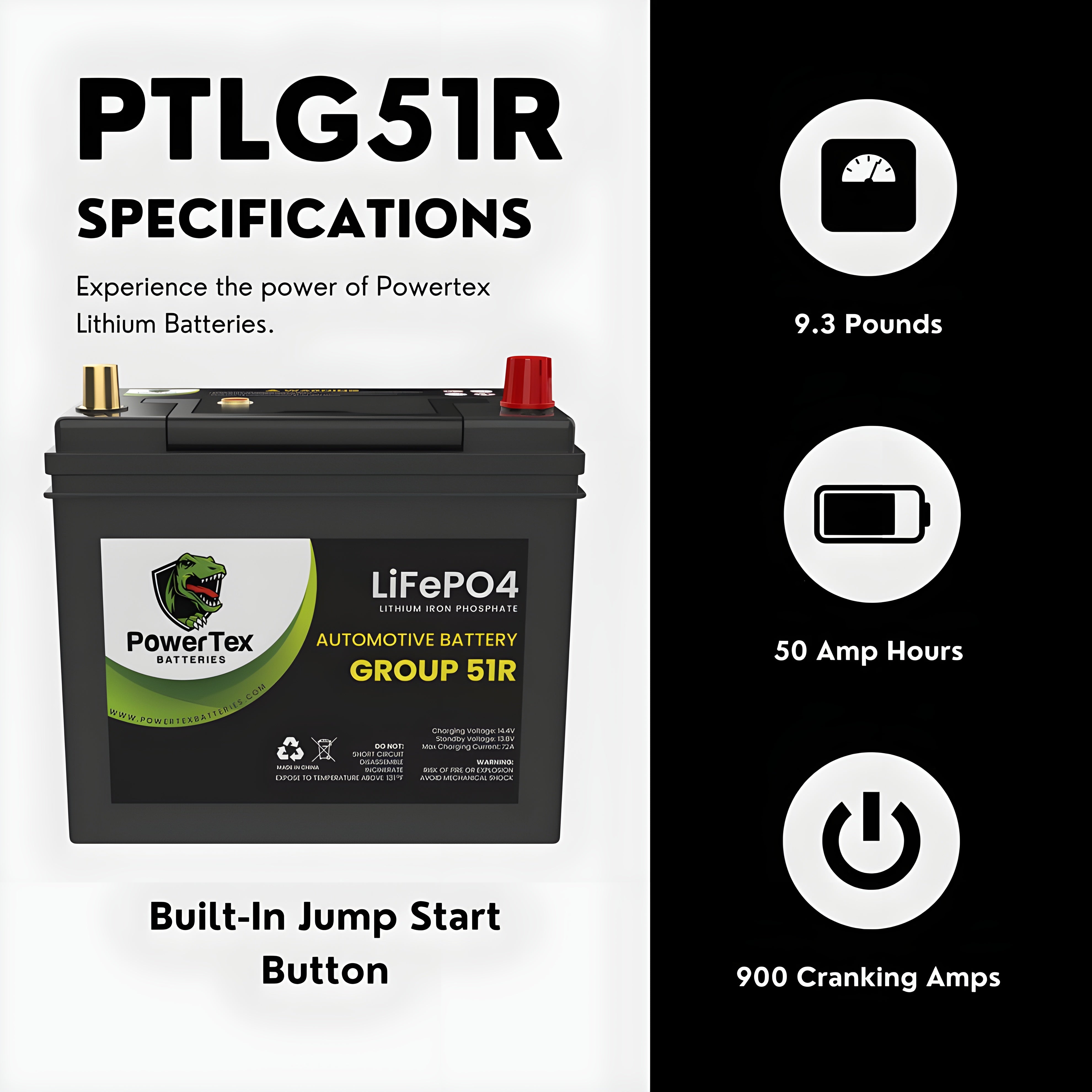 PowerTex 2020 Tesla Model Y Replacement Car Battery BCI Group 51R Lithium LiFePO4 Automotive Powertex Battery - PTLG51R-0-5