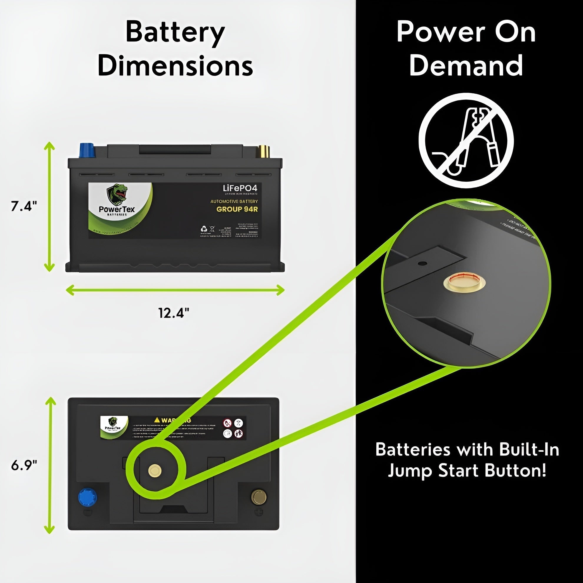 PowerTex 2022 BMW 330E L4 2.0L Replacement Car Battery BCI Group 94R Lithium LiFePO4 Automotive Powertex Battery