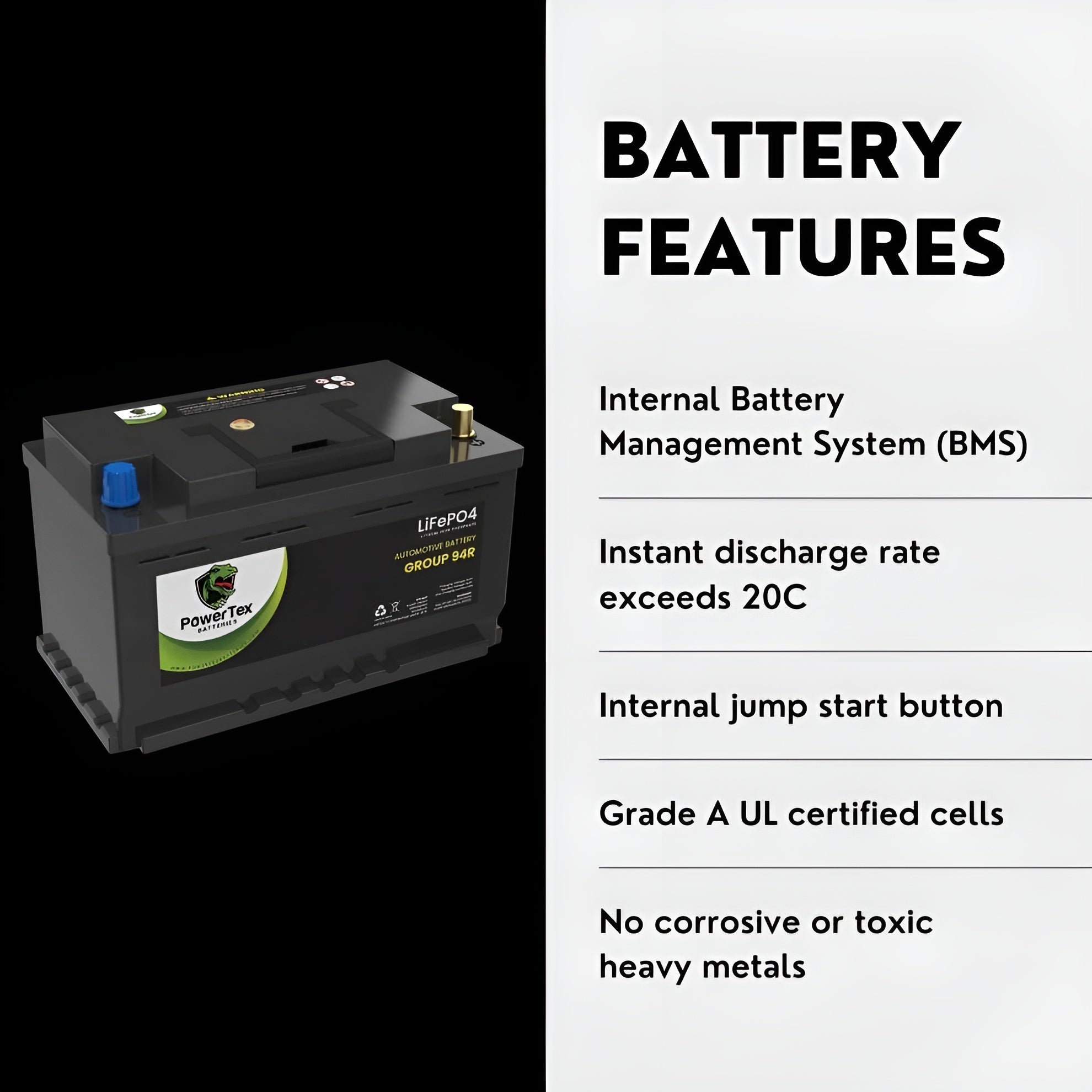PowerTex 2022 BMW 330E L4 2.0L Replacement Car Battery BCI Group 94R Lithium LiFePO4 Automotive Powertex Battery