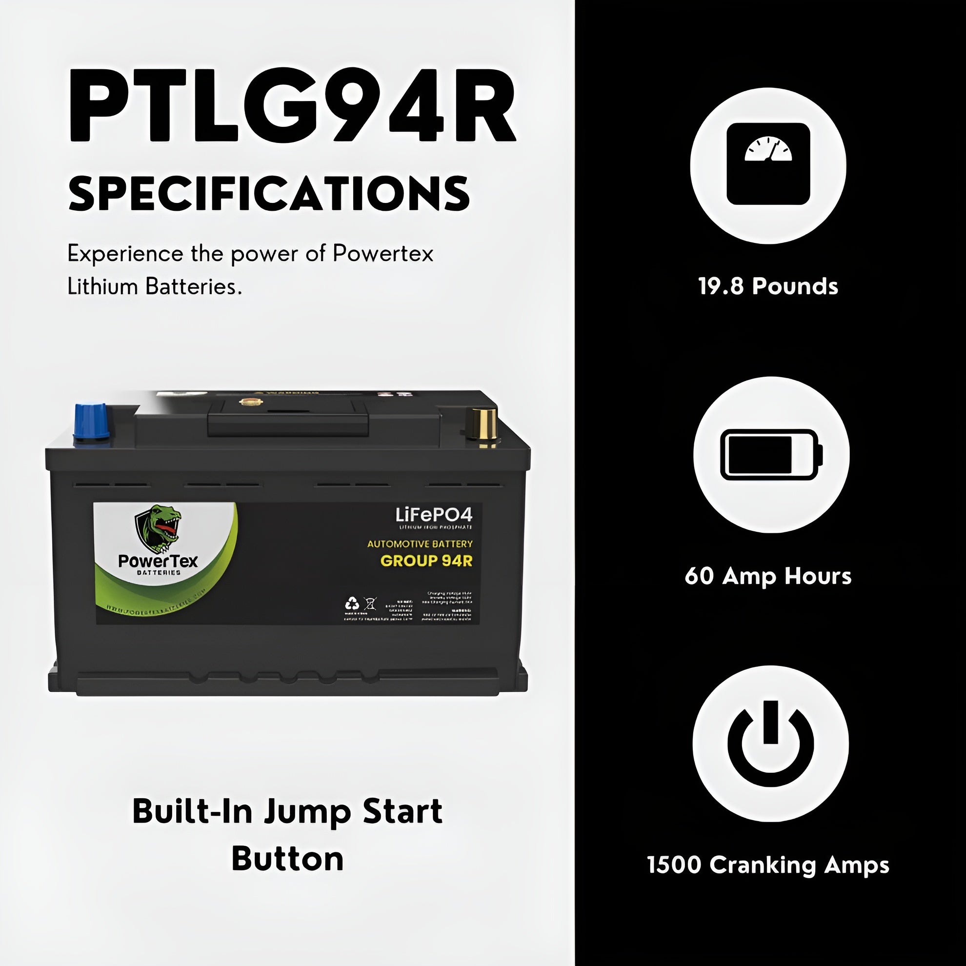 PowerTex 2022 Volkswagen Tiguan L4 2.0L Replacement Car Battery BCI Group 94R Lithium LiFePO4 Automotive Powertex Battery