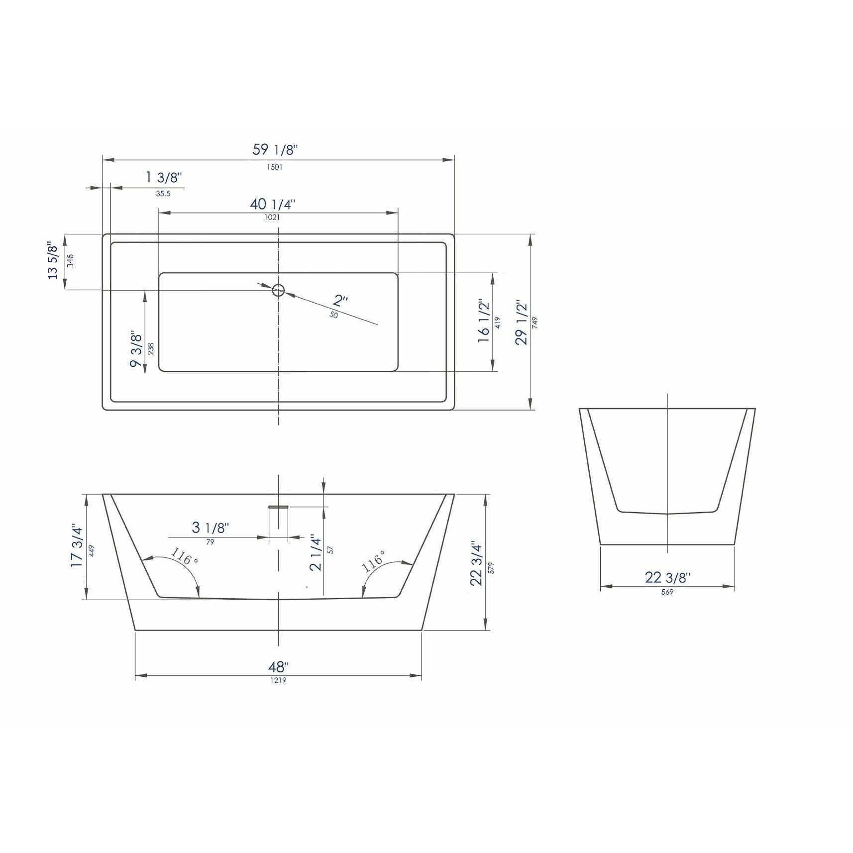 ALFI 59" Rectangular White Freestanding Acrylic Soaking Bathtub AB8833
