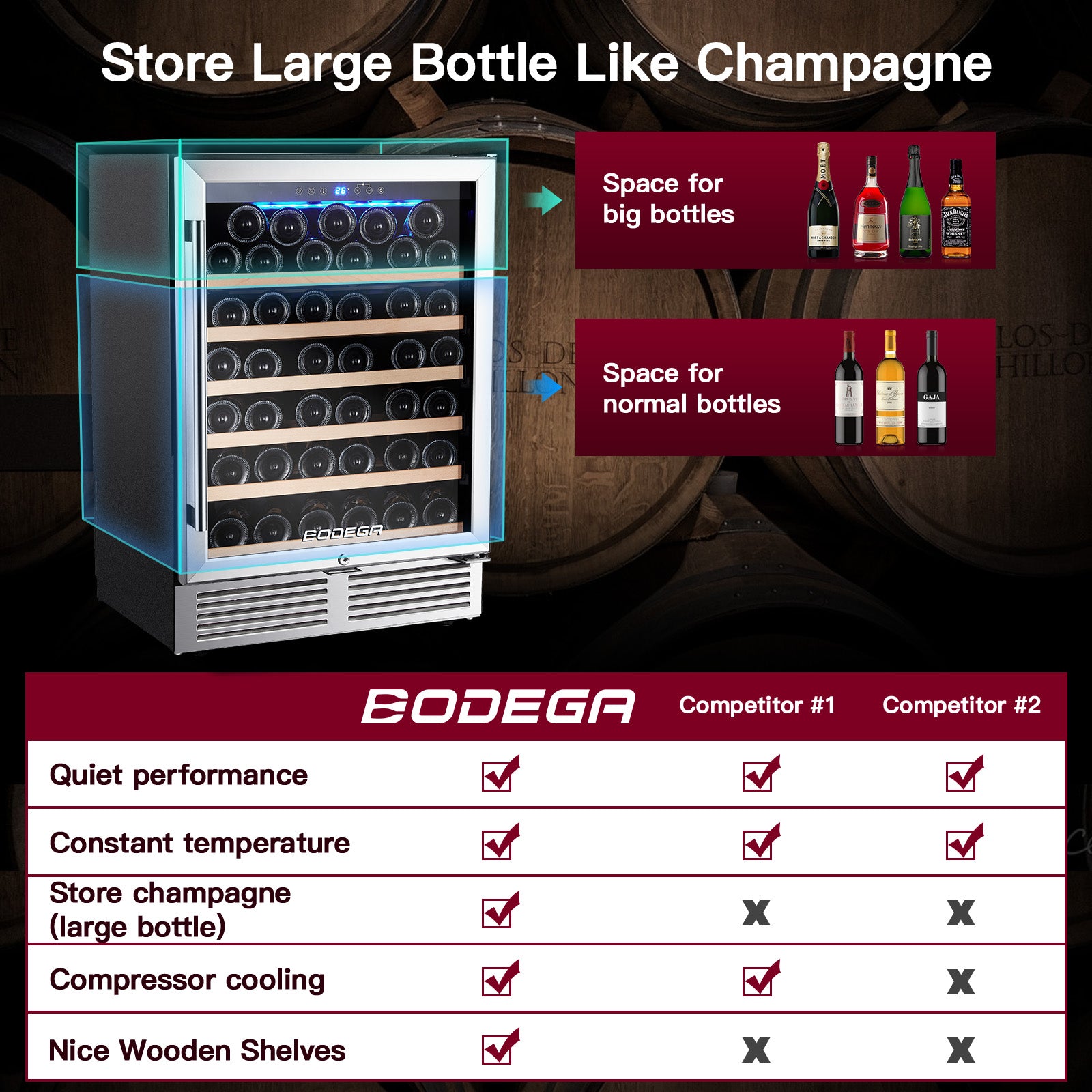BODEGAcooler 24" 46 Bottles Wine Cooler in Stainless Steel with Wood Shelves - JC-145A-US
