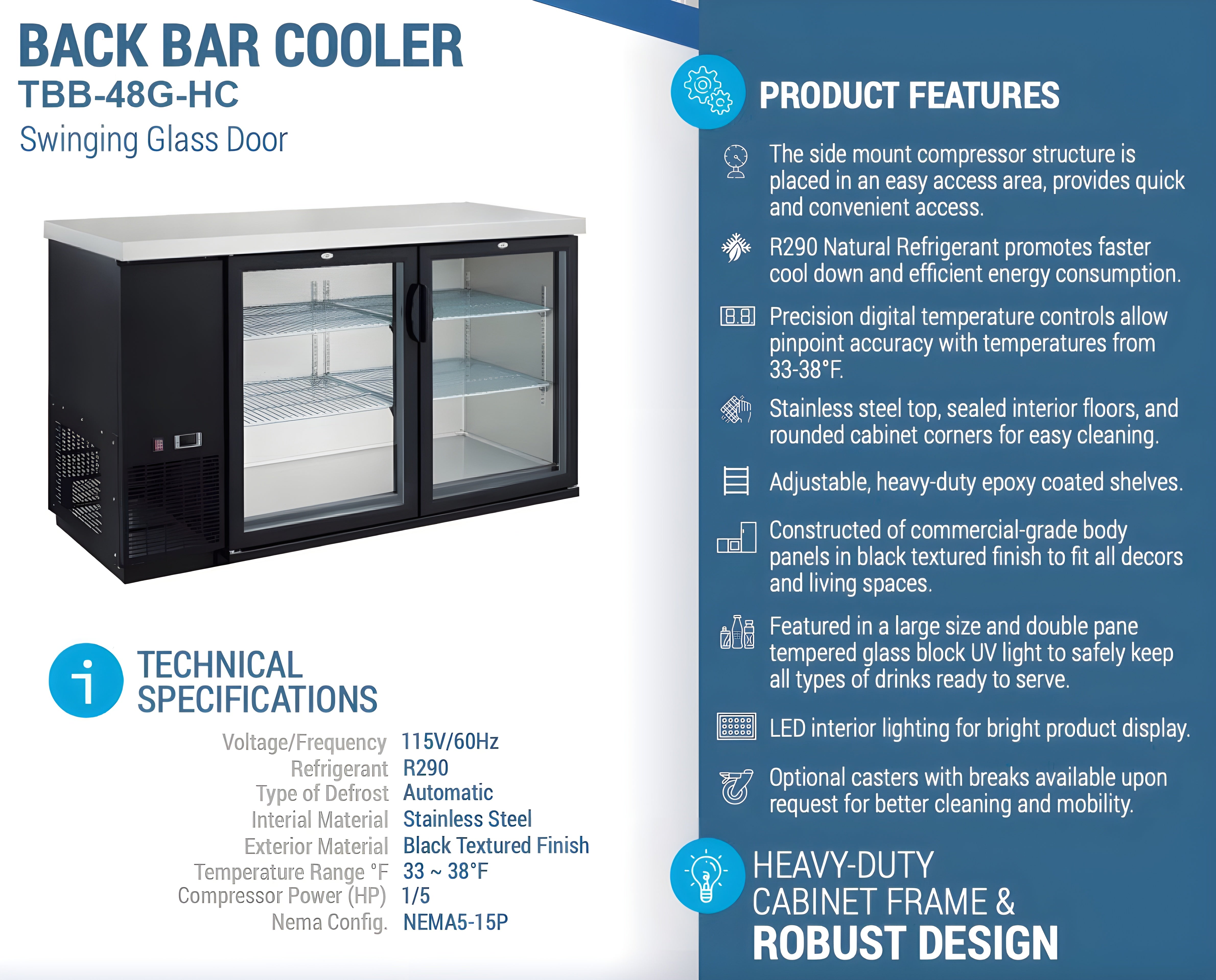 Chef AAA -  Commercial 49" Glass Door Back Bar Refrigerator 11.2 cu.ft. - TBB-48G-HC