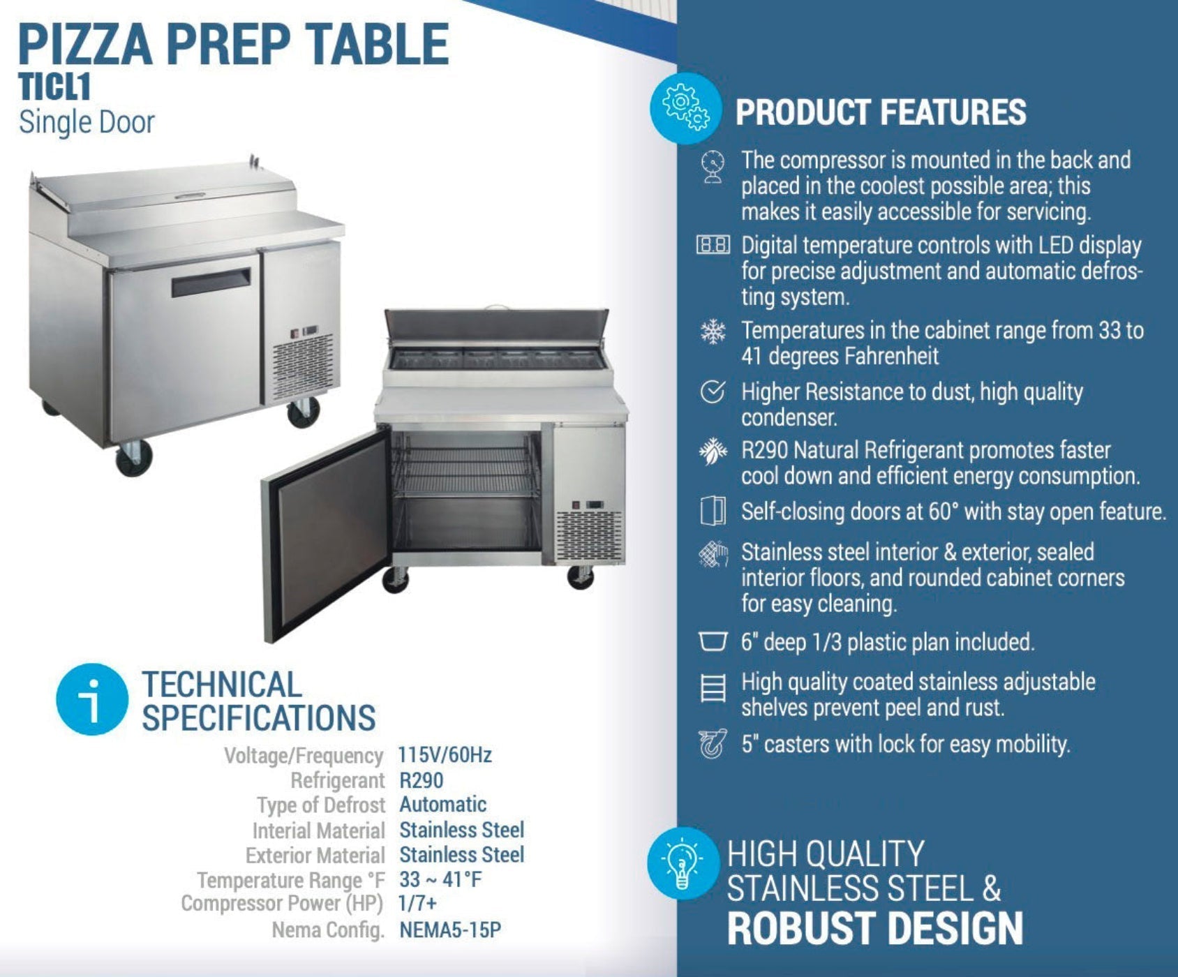 Chef AAA 44" Commercial Sandwich Prep Table Refrigerator 6 Pans 1 Door Stainless Steel 9.8 cu.ft. - TICL1-HC