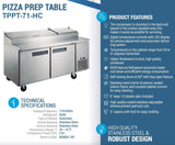 Chef AAA Commercial 70" Pizza Prep Table Refrigerator 9 Pans 2 Door Stainless Steel 17.5 cu.ft. - TPPT-70-HC