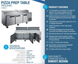 Chef AAA Commercial 90" Pizza Prep Table Refrigerator 12 Pans 3 Door Stainless Steel 24.8 cu.ft. - TICL3-HC