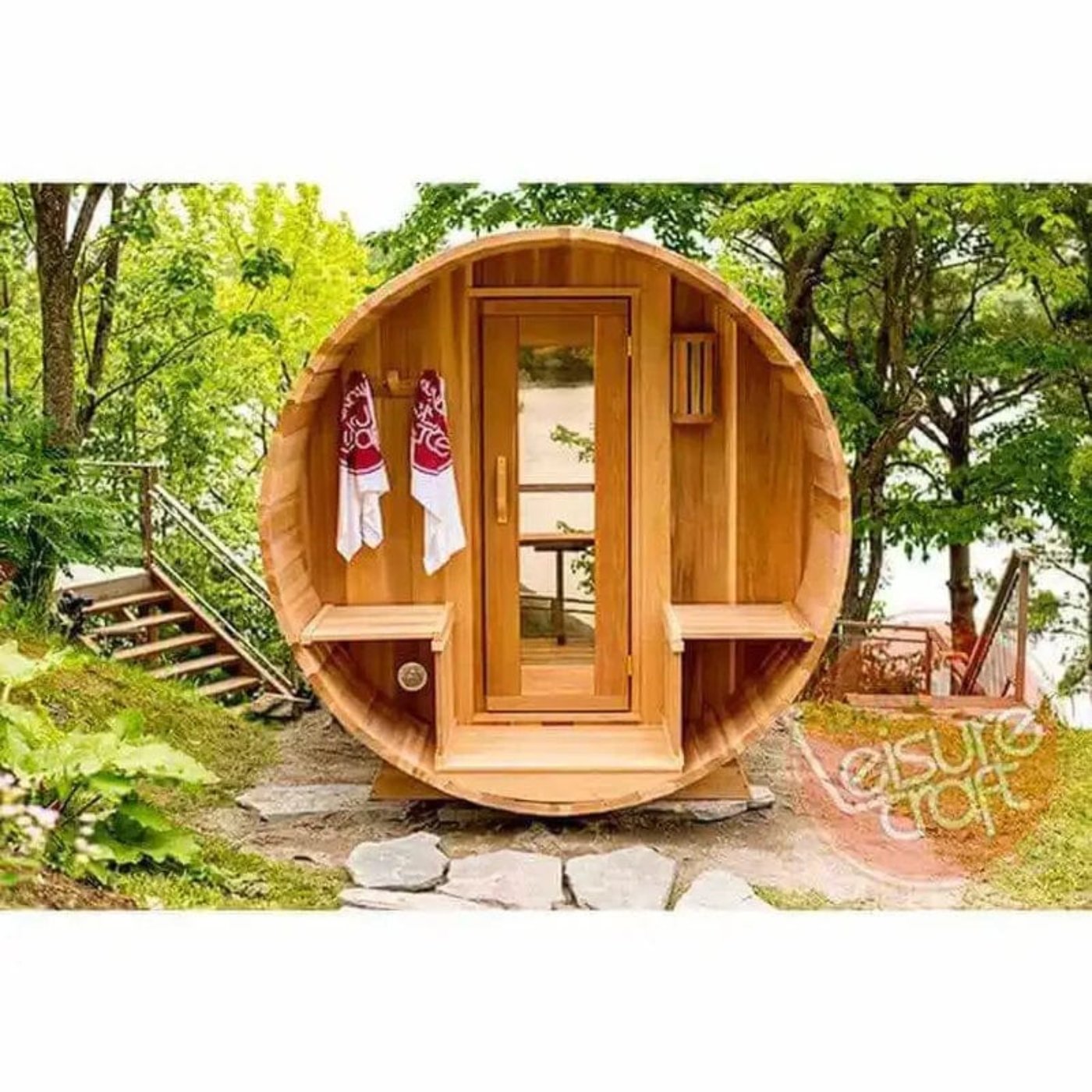 Dundalk Leisurecraft - 7x6 up to 4 people Panoramic View Cedar Barrel Saunas - Porch, No Changeroom