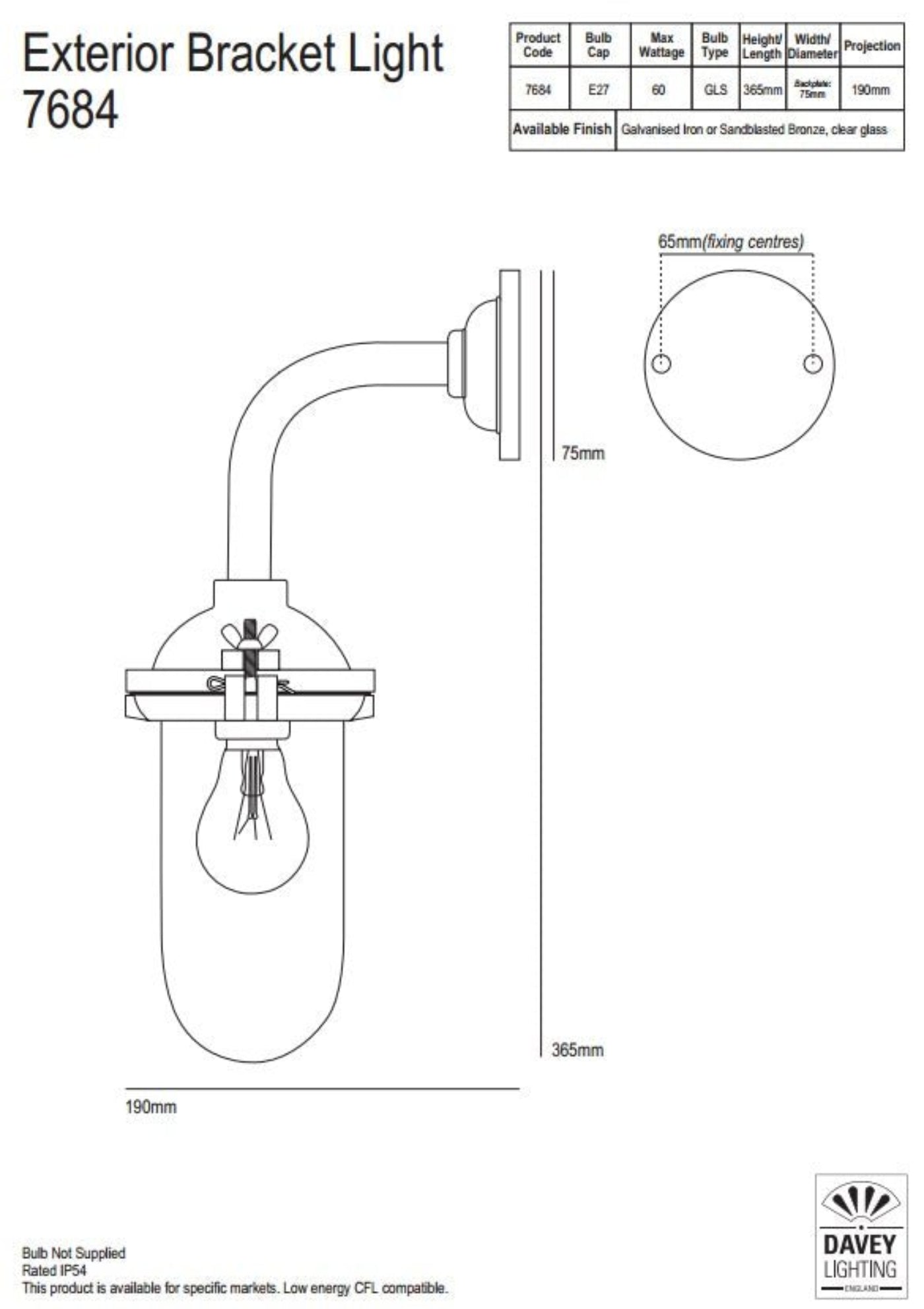 Davey Lighting Exterior Right Angle Bracket Light (No Reflector)