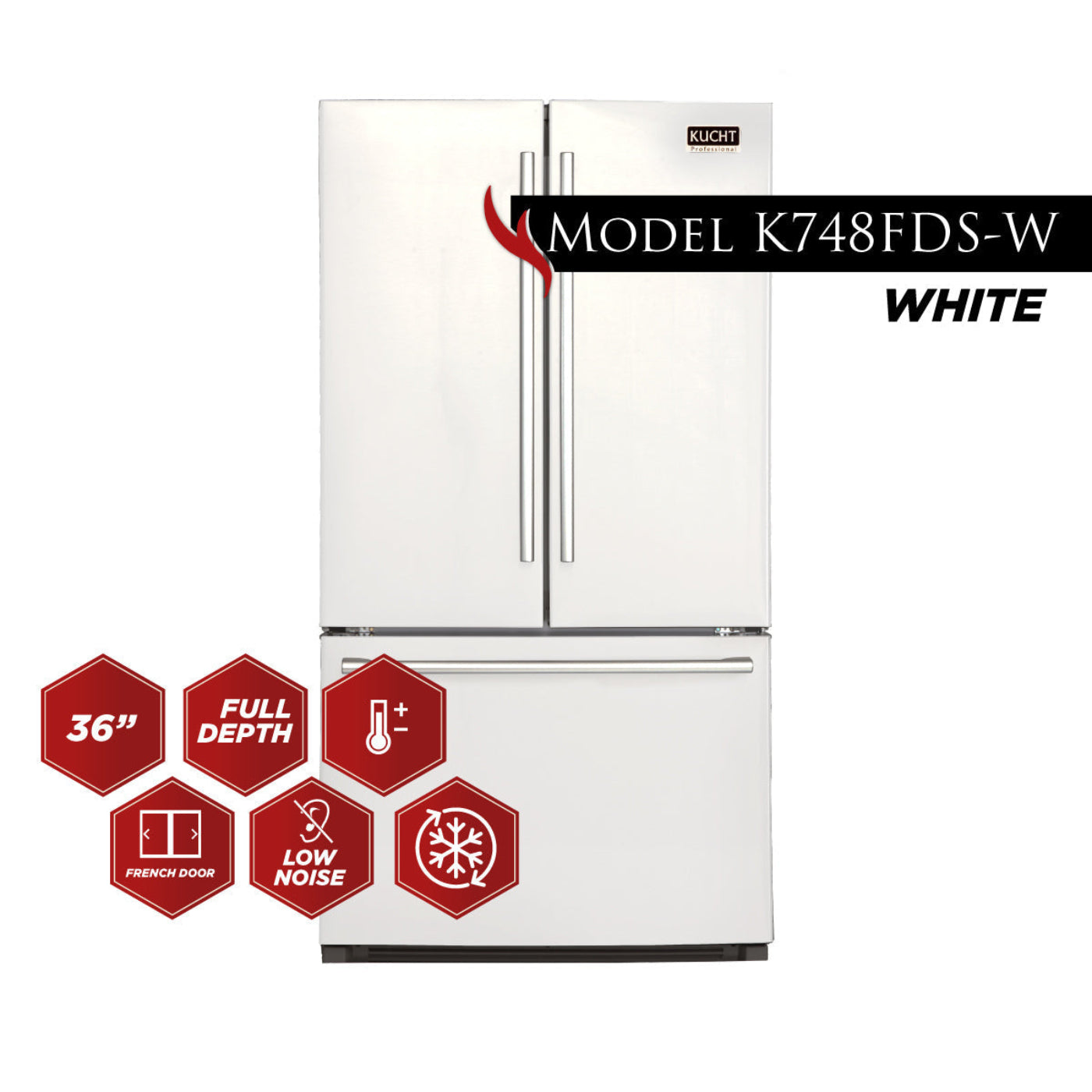 Kucht Professional 36 In. 26.1 cu. ft. Refrigerator with Interior Ice Maker, White - K748FDS-W