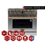 Kucht 36" 5.2 cu. ft. 6 Burner Natural Gas Dual Fuel Range in Stainless Steel with Gold Accents and Digital Thermostat - KXP36-GL
