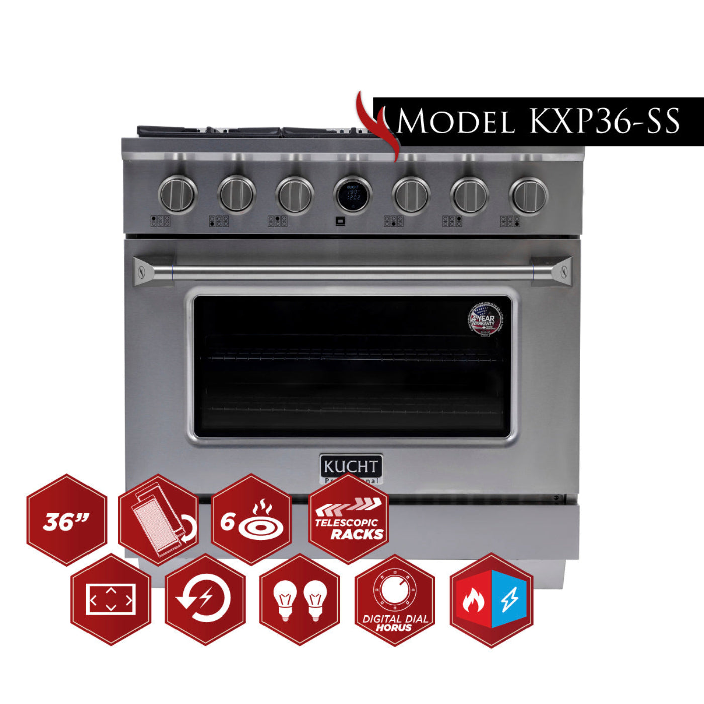 Kucht 36" 5.2 cu. ft. 6 Burner Natural Gas Dual Fuel Range in Stainless Steel with Digital Thermostat - KXP36-SS