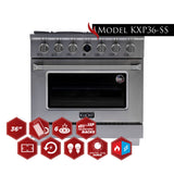 Kucht 36" 5.2 cu. ft. 6 Burner Natural Gas Dual Fuel Range in Stainless Steel with Digital Thermostat - KXP36-SS