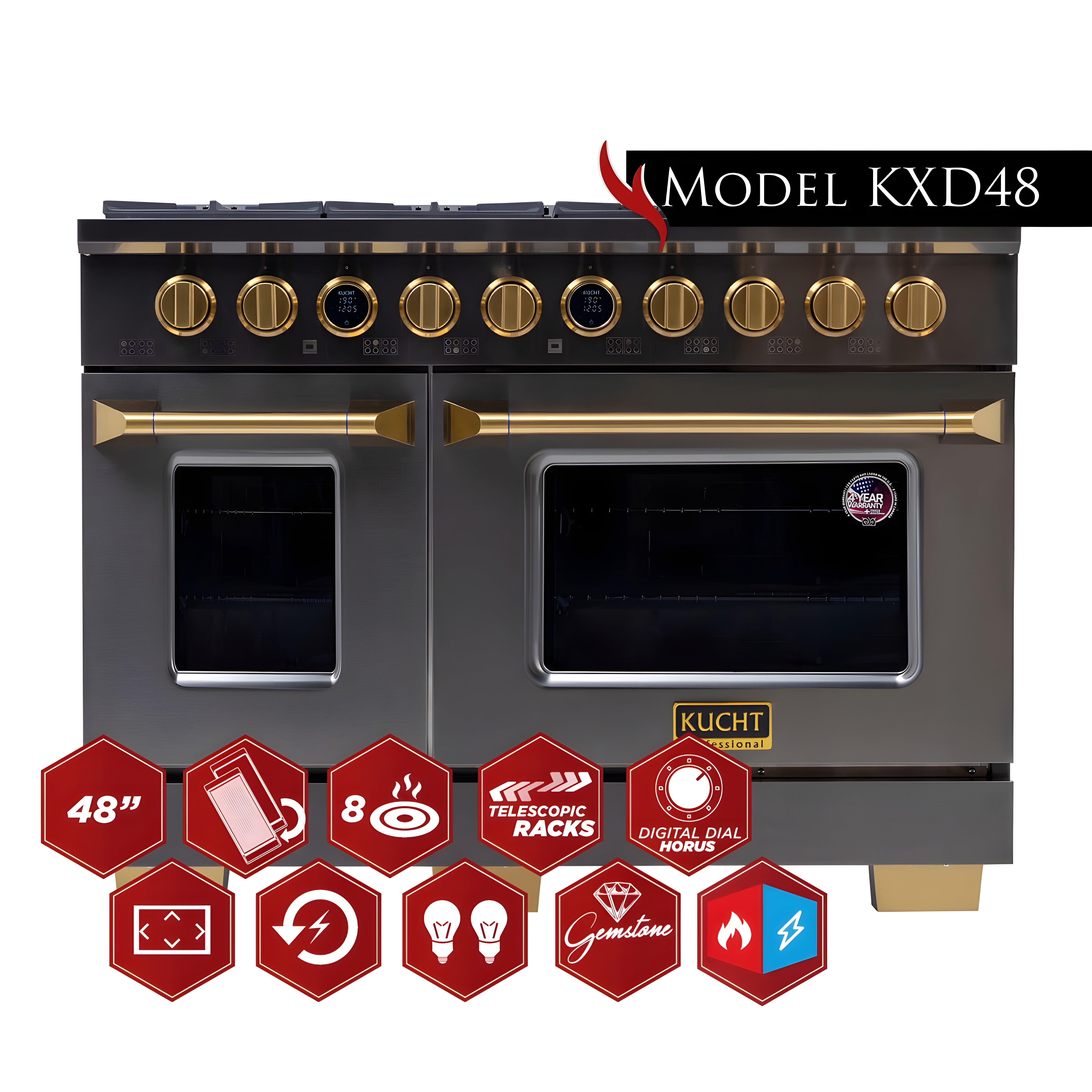 Kucht 48" 8 Burner Double Oven Natural Gas Dual Fuel Range in Titanium Stainless Steel with Digital Thermo - KXD48stat