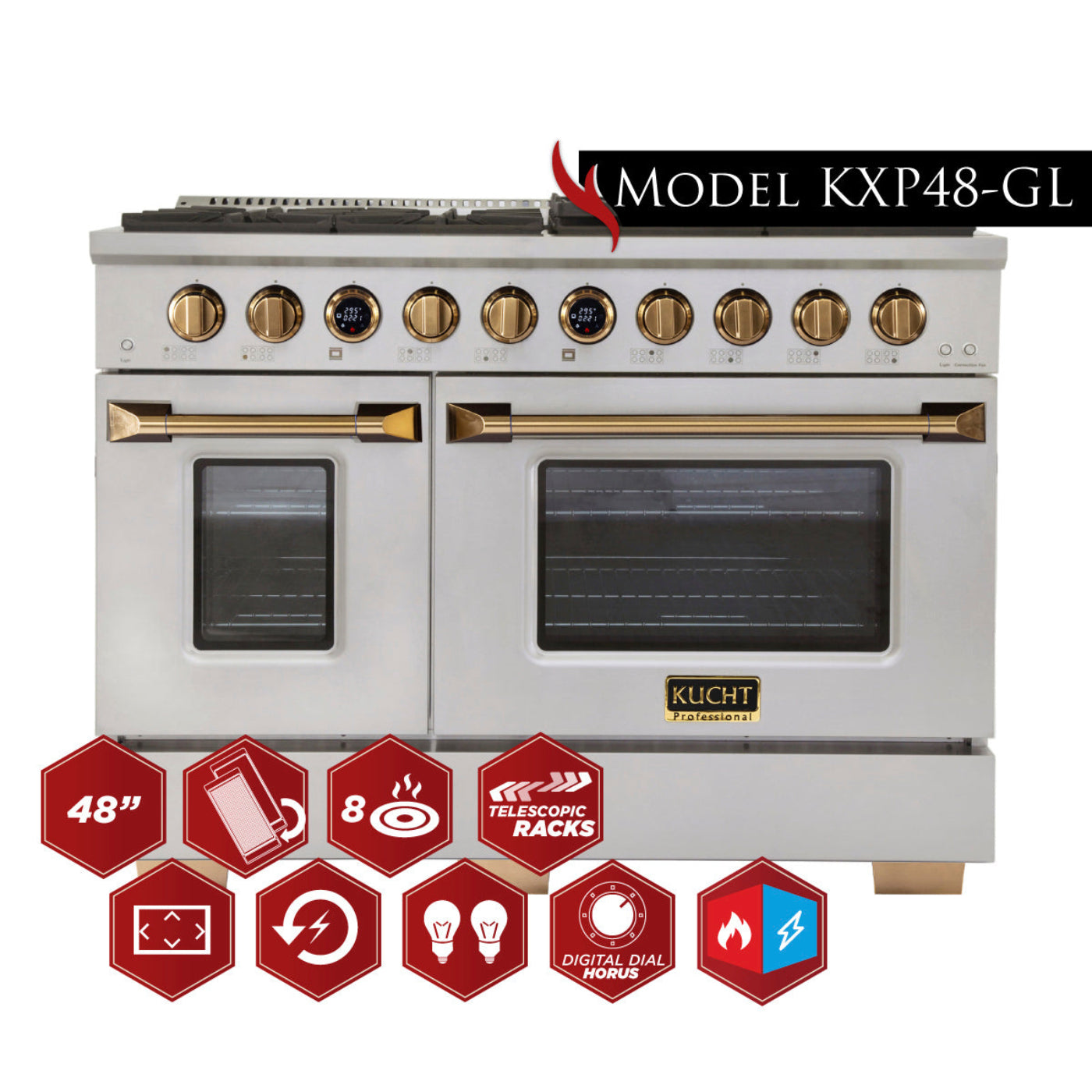 Kucht 48" 6.7 cu. ft. 8 Burner Natural Gas Dual Fuel Range in Stainless Steel with Gold Accents and Digital Thermostat - KXP48-GL