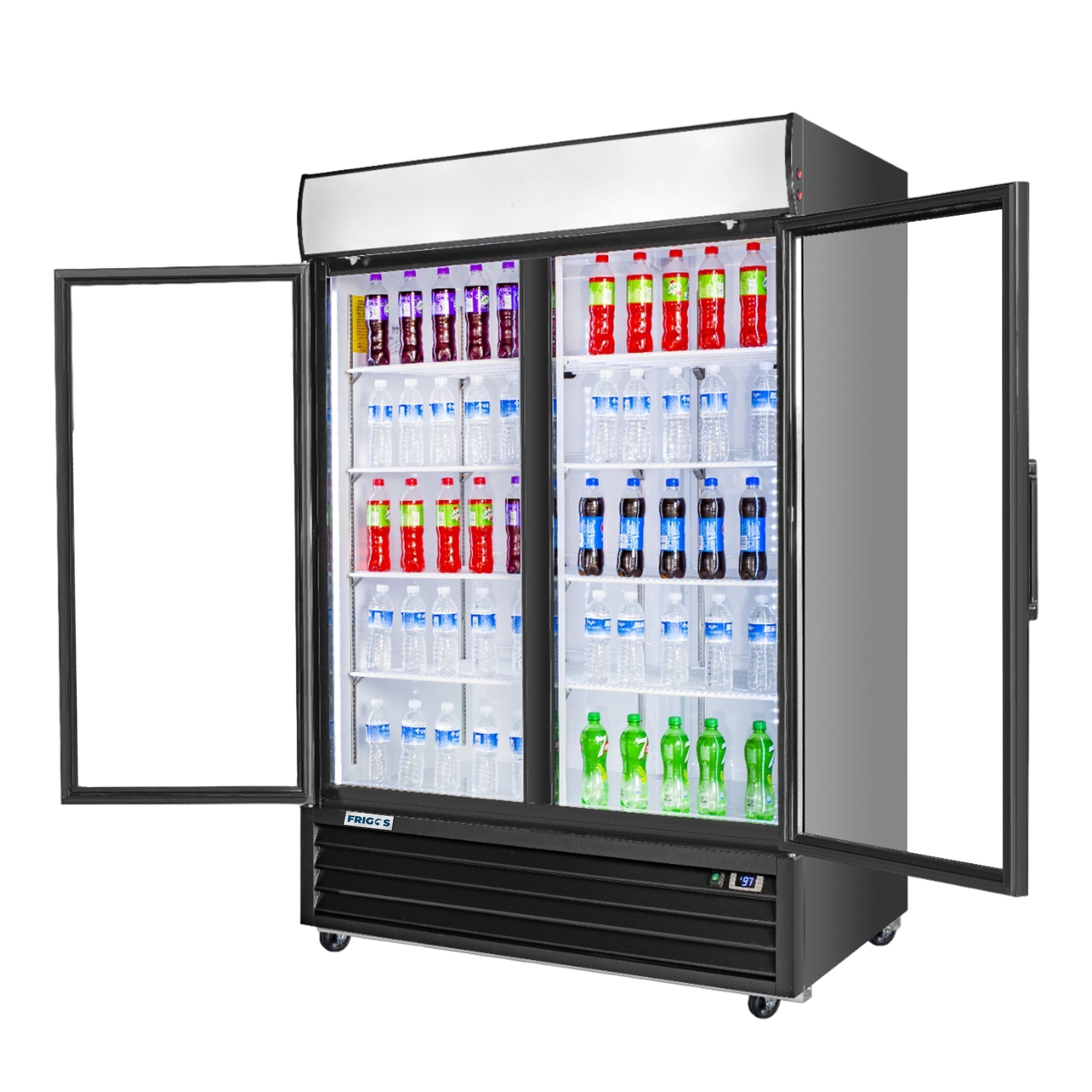 Frigos Merchandiser Refrigerator 54" Width Black Swing Glass 2 Door with LED Lighting Frigos FG-MR-2D-G with Aluminum Interior with 304 Stainless Steel Floor - FG-MR-2D-G
