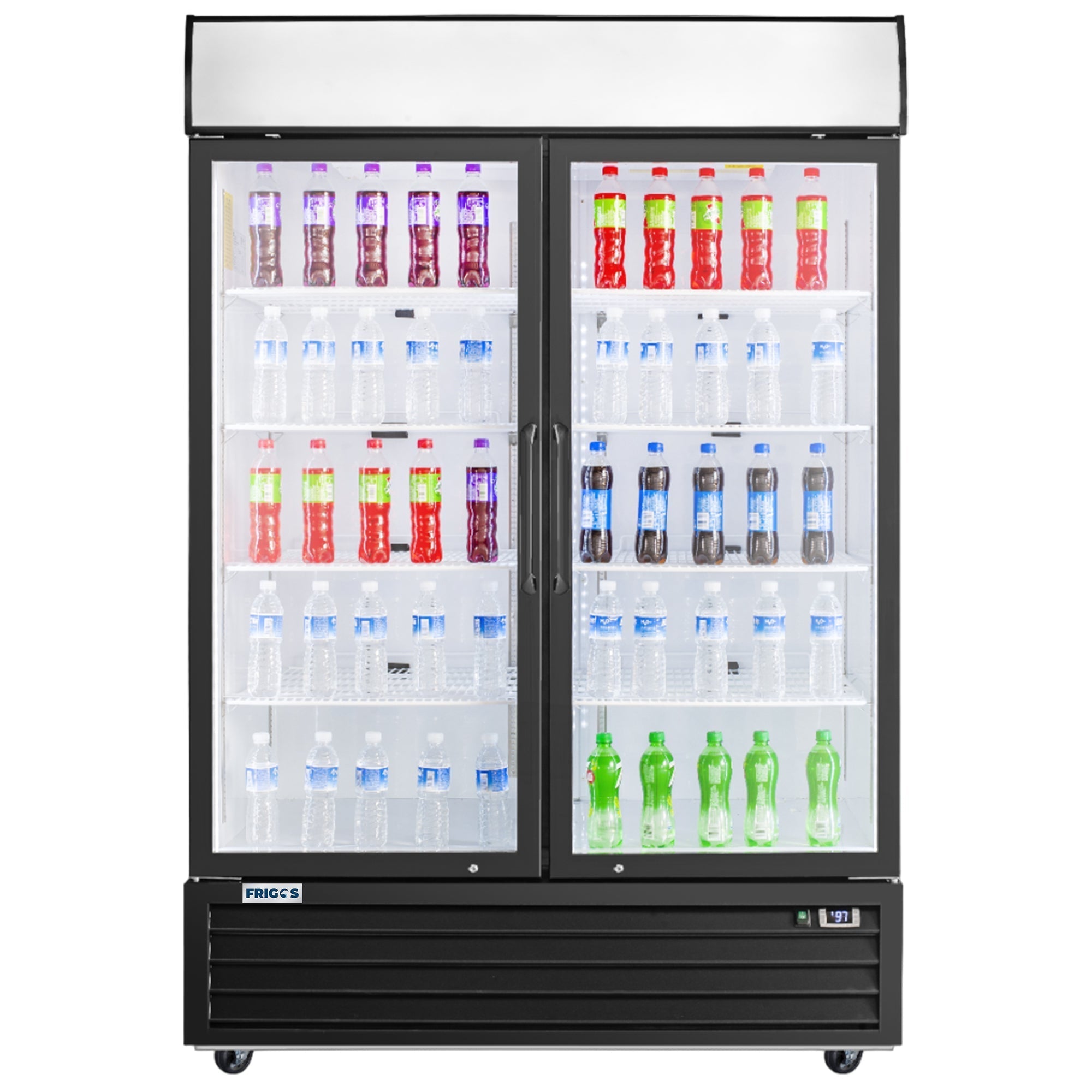Frigos Merchandiser Refrigerator 54" Width Black Swing Glass 2 Door with LED Lighting Frigos FG-MR-2D-G with Aluminum Interior with 304 Stainless Steel Floor - FG-MR-2D-G