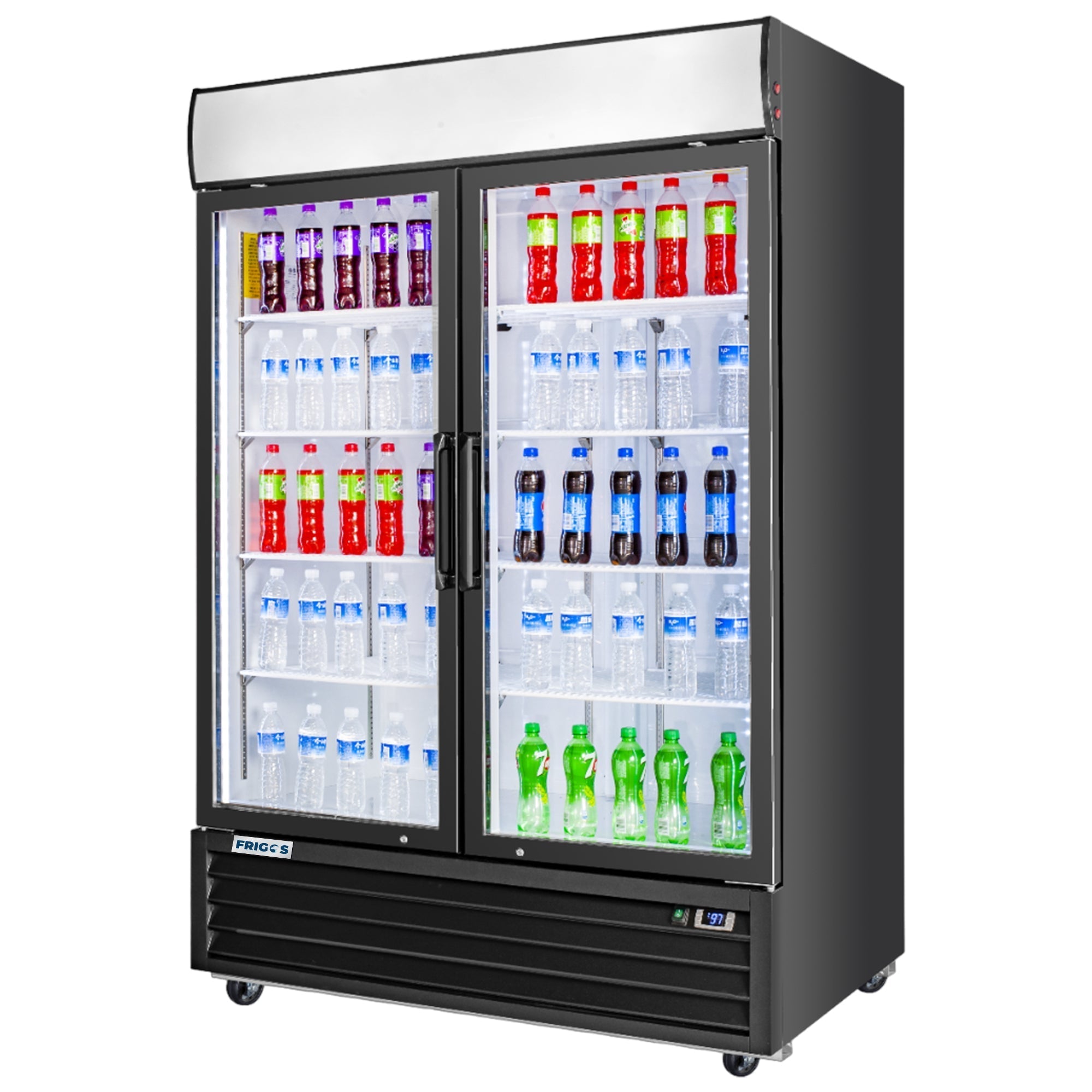 Frigos Merchandiser Refrigerator 54" Width Black Swing Glass 2 Door with LED Lighting Frigos FG-MR-2D-G with Aluminum Interior with 304 Stainless Steel Floor - FG-MR-2D-G