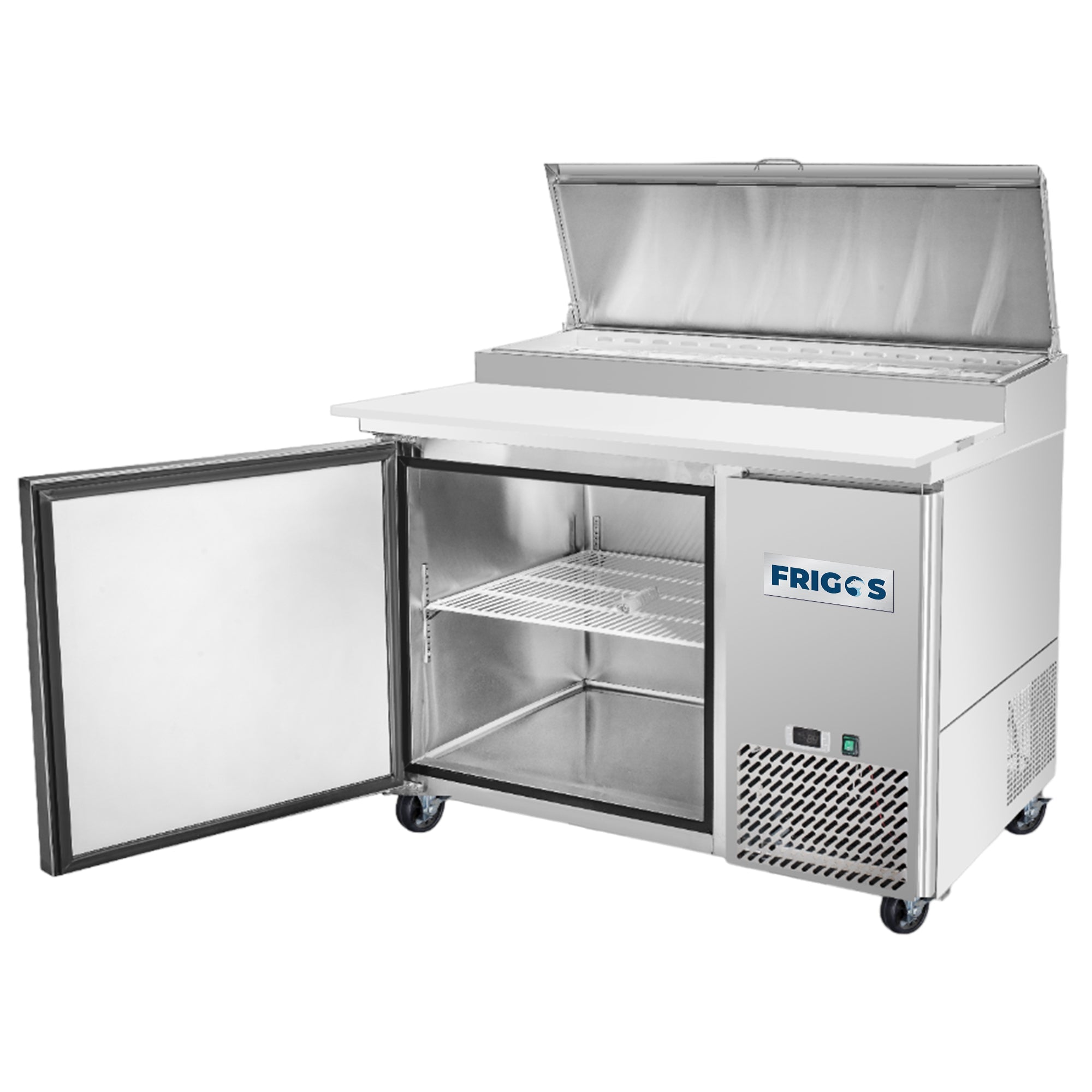 Frigos Pizza Prep Table Refrigerator 44" Width 1 Door Frigos FG-PZPT-44 with Aluminum Interior with 304 Stainless Steel Floor - FG-PZPT-44