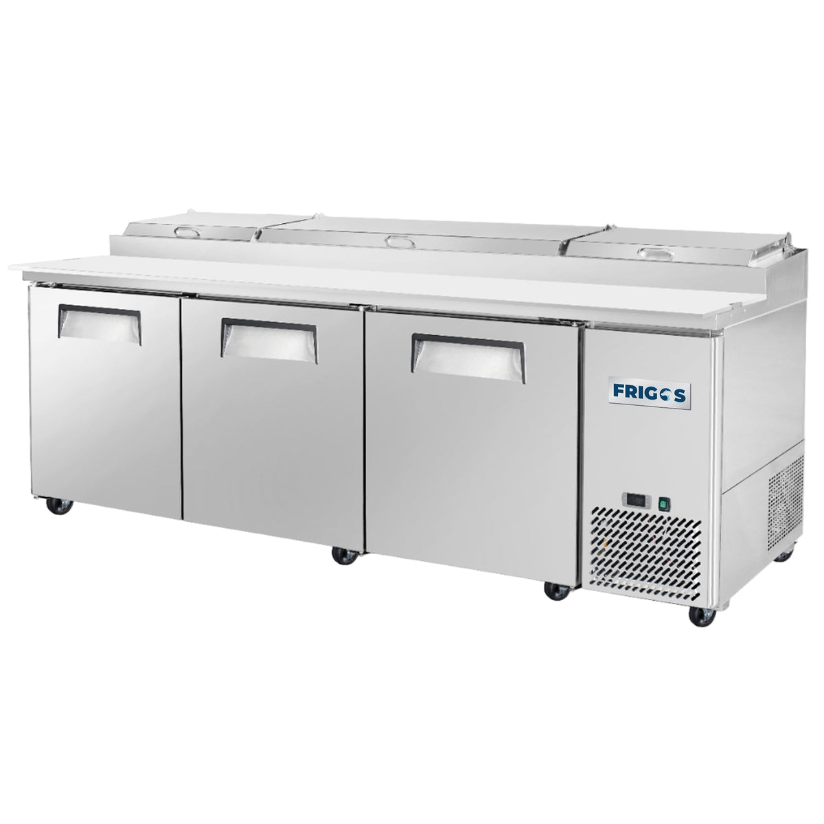 Frigos Pizza Prep Table Refrigerator 93" Width 3 Door Frigos FG-PZPT-93 with Aluminum Interior with 304 Stainless Steel Floor