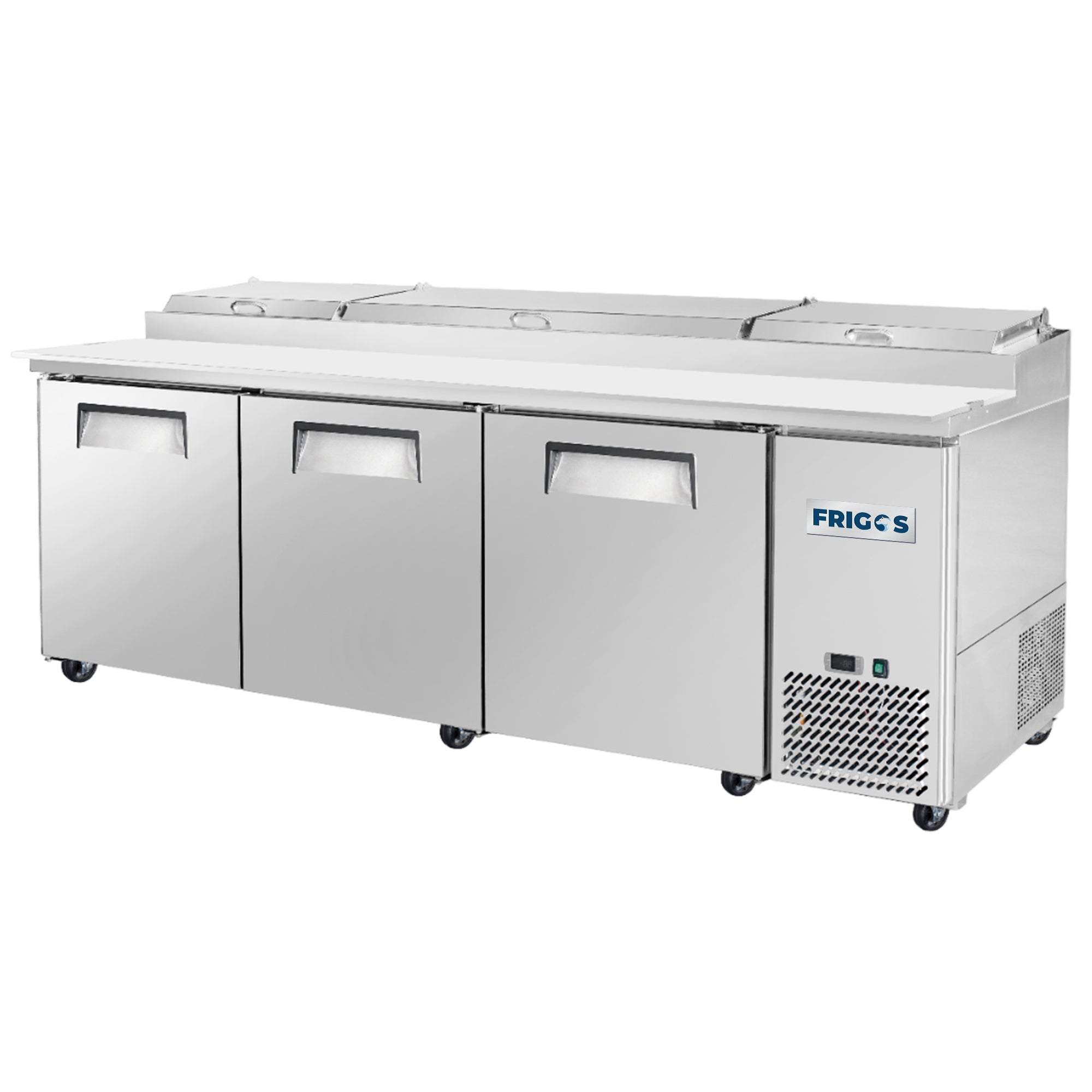 Frigos Pizza Prep Table Refrigerator 93" Width 3 Door Frigos FG-PZPT-93 with Aluminum Interior with 304 Stainless Steel Floor