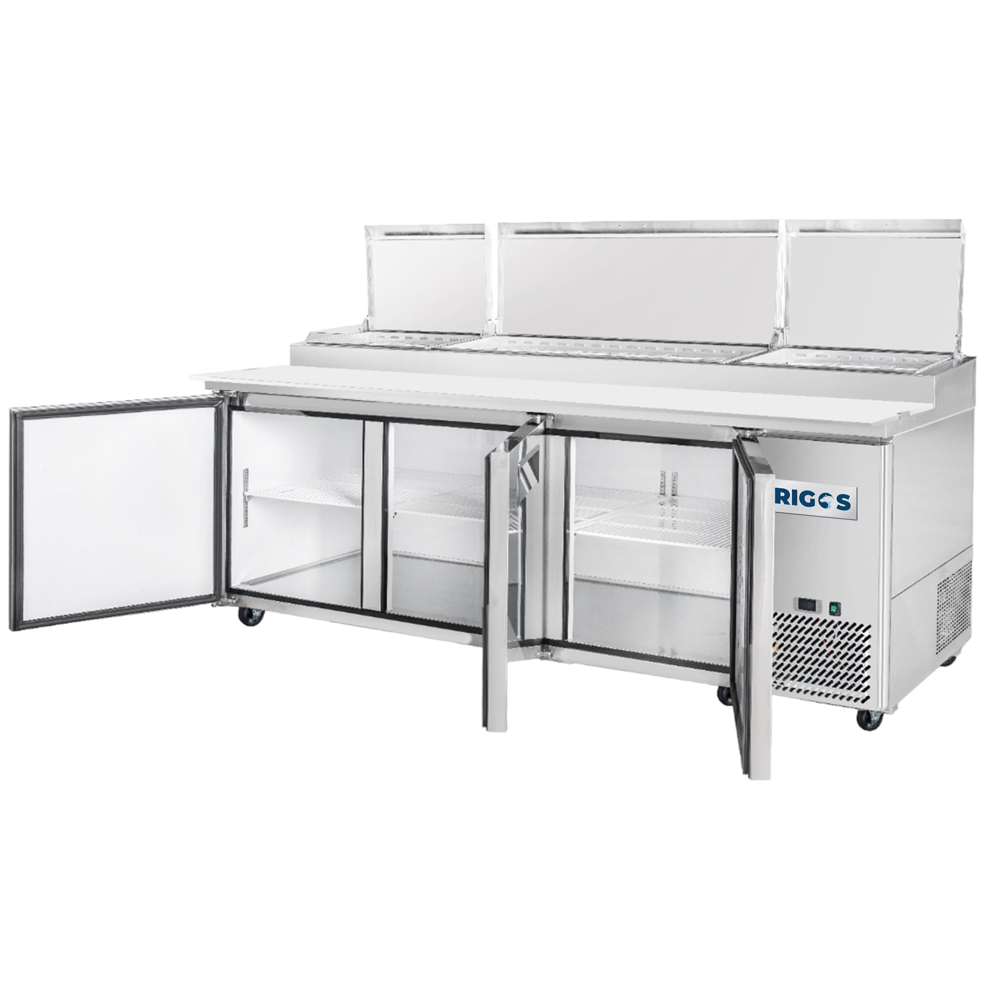 Frigos Pizza Prep Table Refrigerator 93" Width 3 Door Frigos FG-PZPT-93 with Aluminum Interior with 304 Stainless Steel Floor