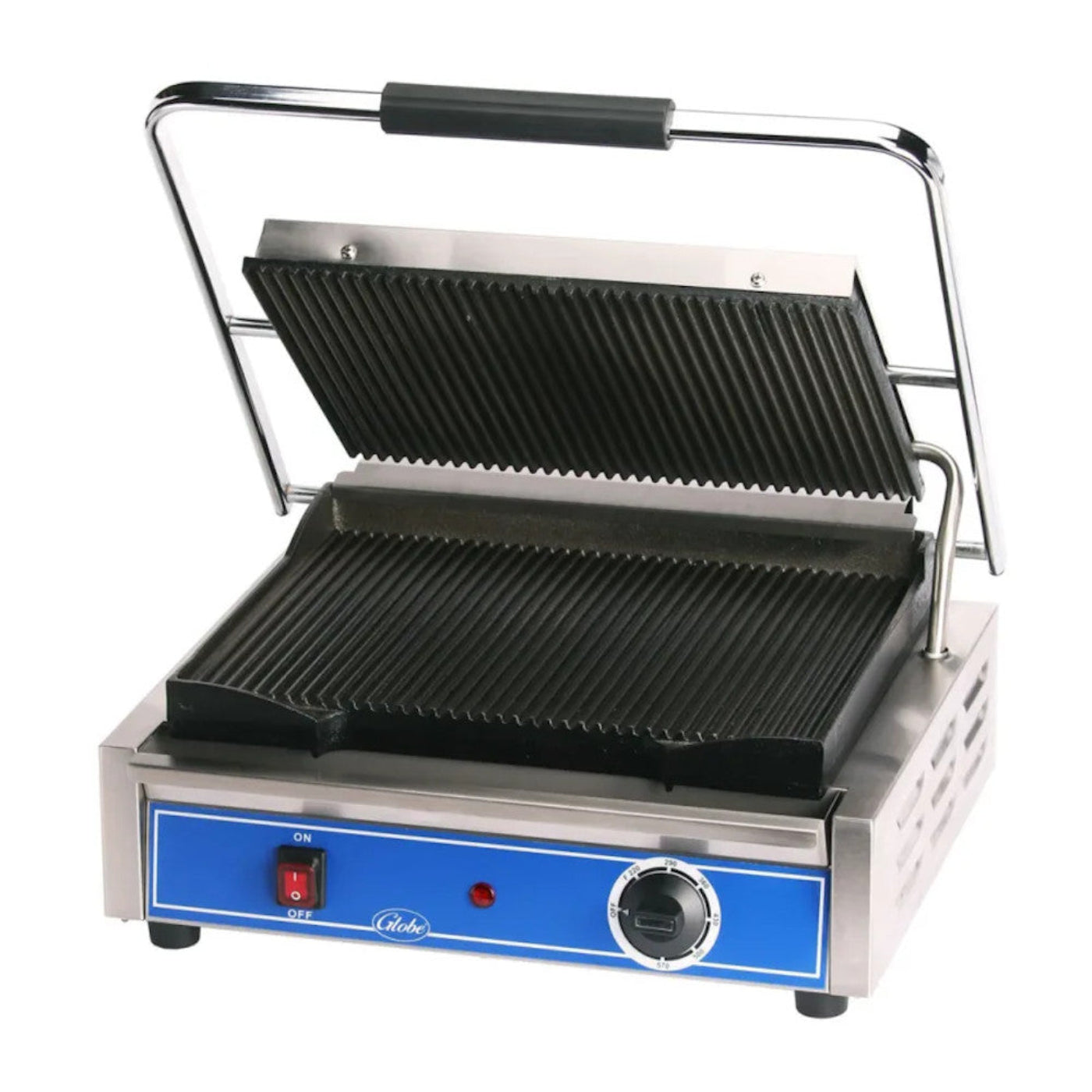 Globe GPG1410 14" x 10" Grooved Iron Top & Bottom Panini Sandwich Grill - GLGPG1410