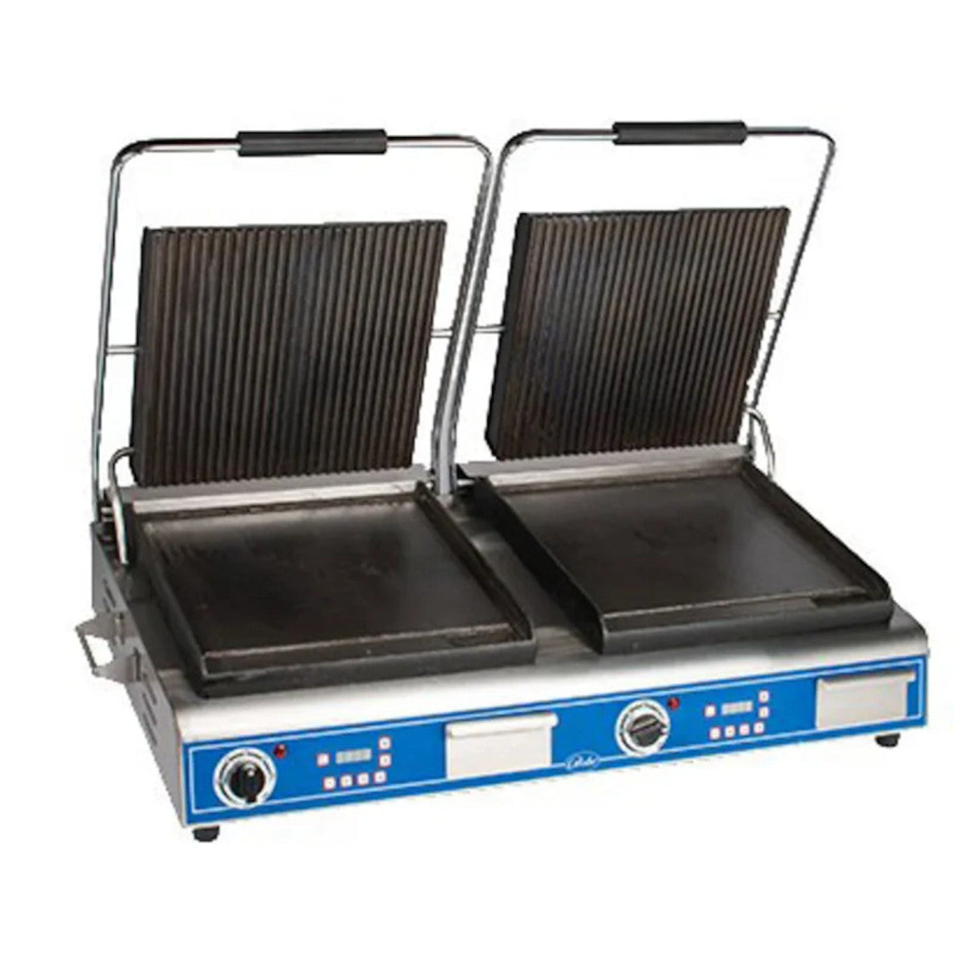 Globe GPGSDUE14D Double Countertop Sandwich / Panini Grill with Grooved Top and Smooth Bottom Plates - GLGPGSDUE14D&nbsp;