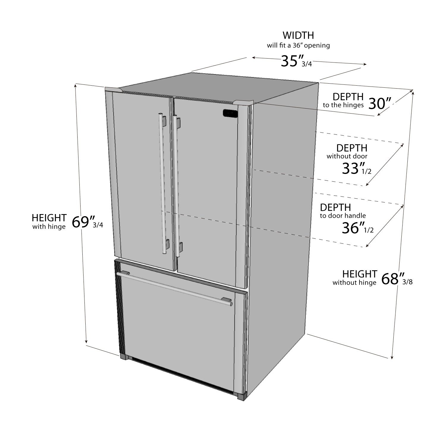 Kucht Professional 36 In. 26.1 cu. ft. Refrigerator with Interior Ice Maker, White - K748FDS-W